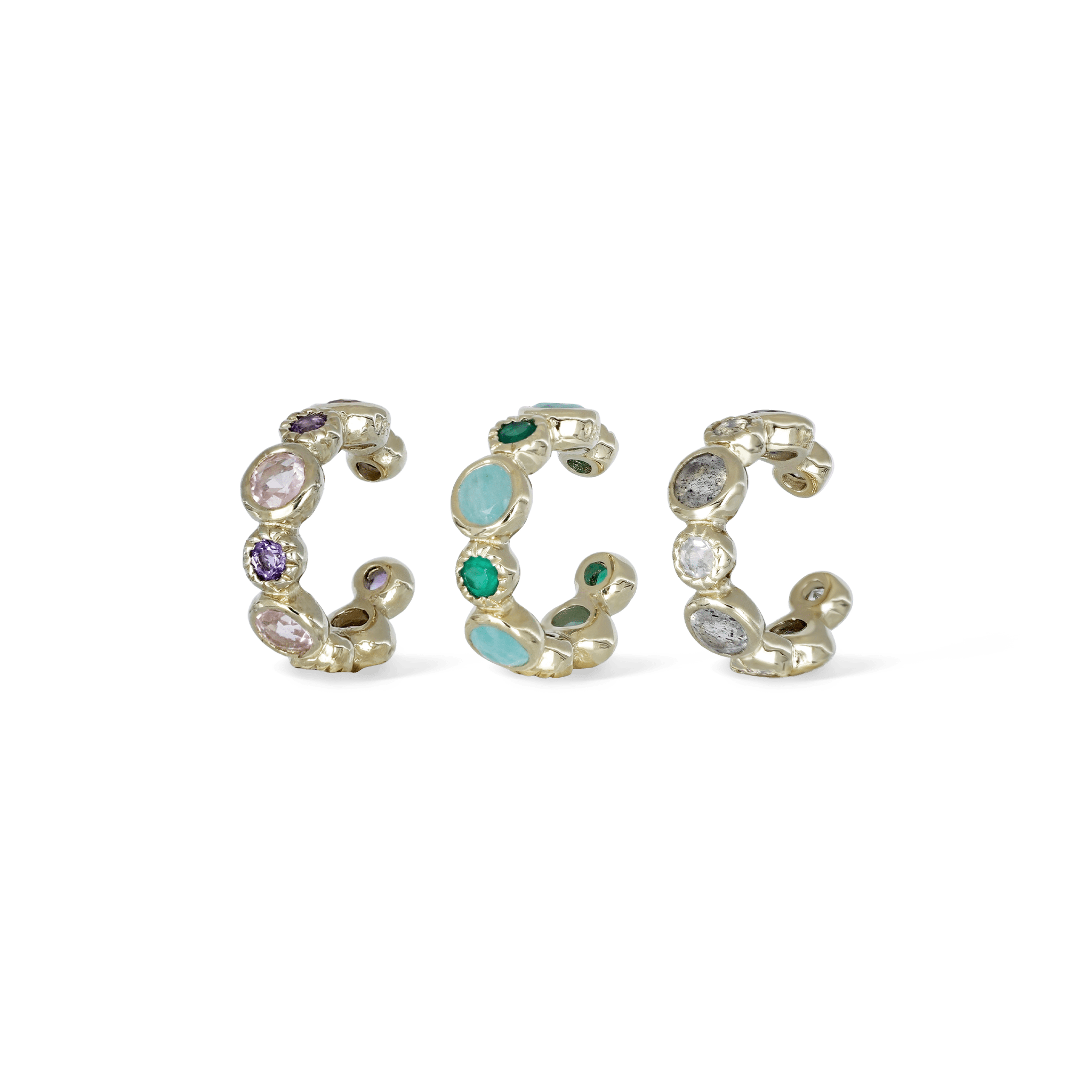BEATTI Hoops Gold / Rose Quartz + Amethyst Sample Sale • Multi Round Gemstones Earcuff YG SS25 SS25 EC 003 SV MP/AB Sample Sale • Multi Round Gemstones Earcuff YG SS25