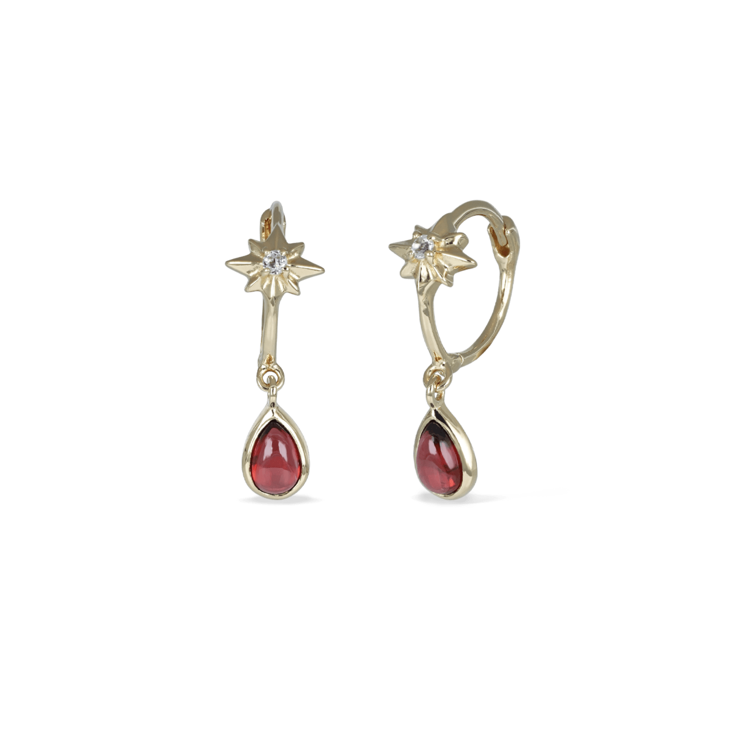 BEATTI Hoops Gold / Garnet Sample Sale • Tear Drop Garnet Gemstone Huggie Hoop YG SS25 SS25 EA 018 SV G Sample Sale • Tear Drop Garnet Gemstone Huggie Hoop YG SS25