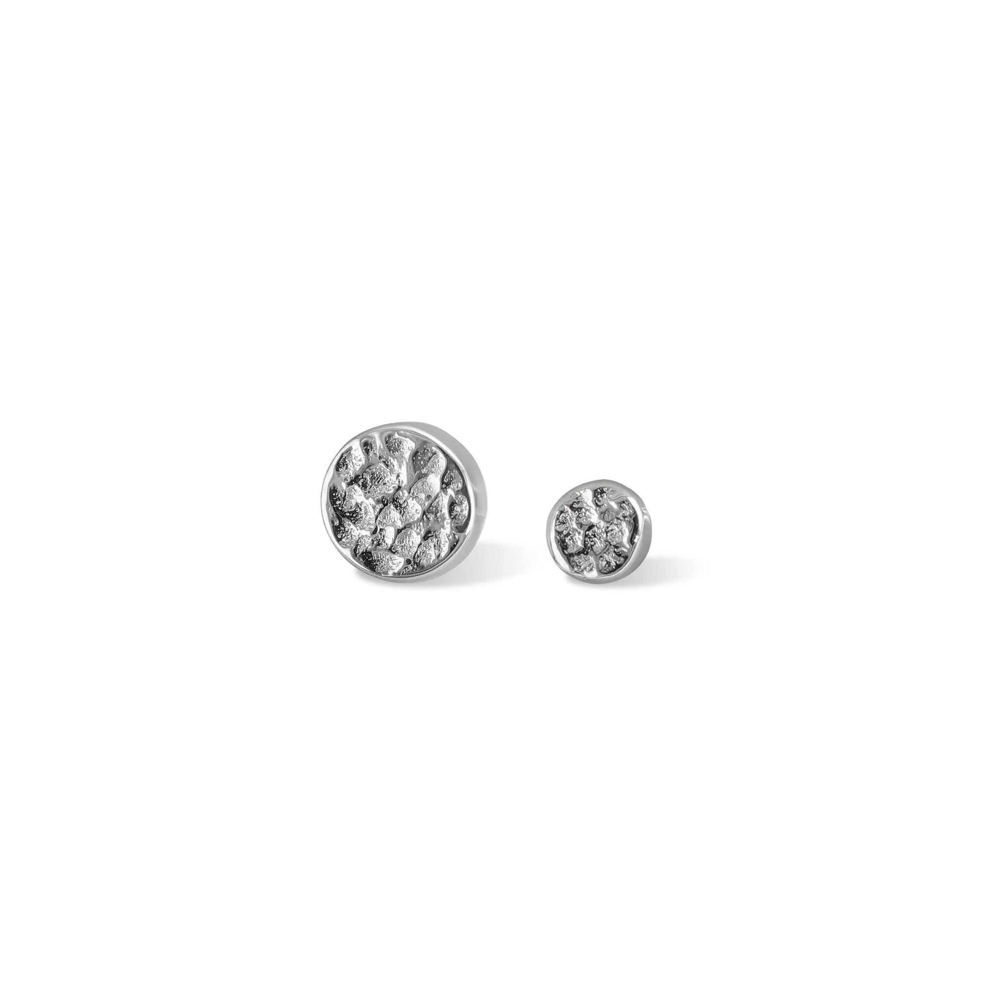 14K Gold Hammered disc studs in white gold front view 2mm and 3mm on white background
