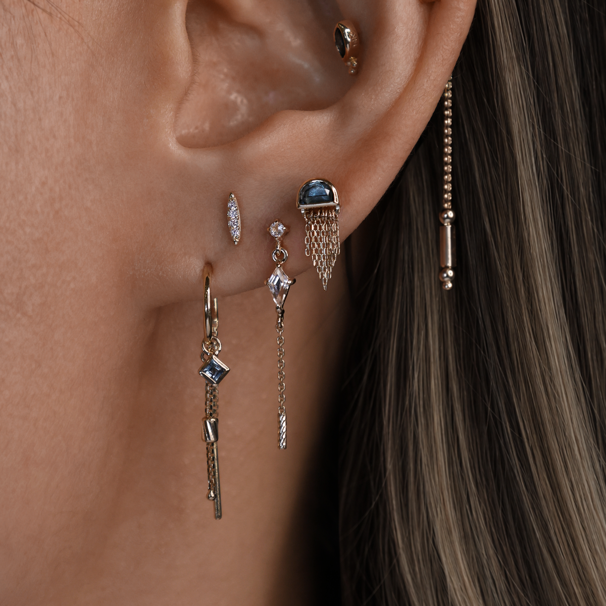 Aery • Kite Gemstone & Textured Gold Bar Drop Flat Back Stud