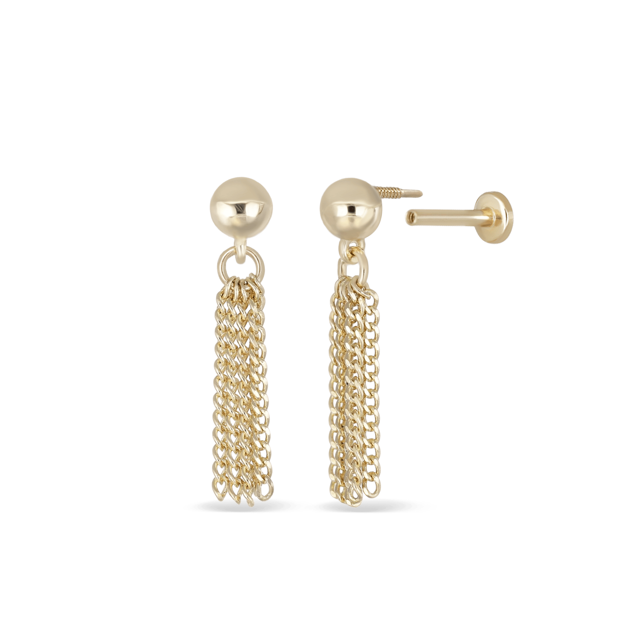 BEATTI Internal Thread Gold 14K Solid Gold Ball with Chain Tassel Internally Threaded Flatback Stud AP Tassel 14K Solid Gold Ball with Chain Tassel Internally Threaded Flatback Stud