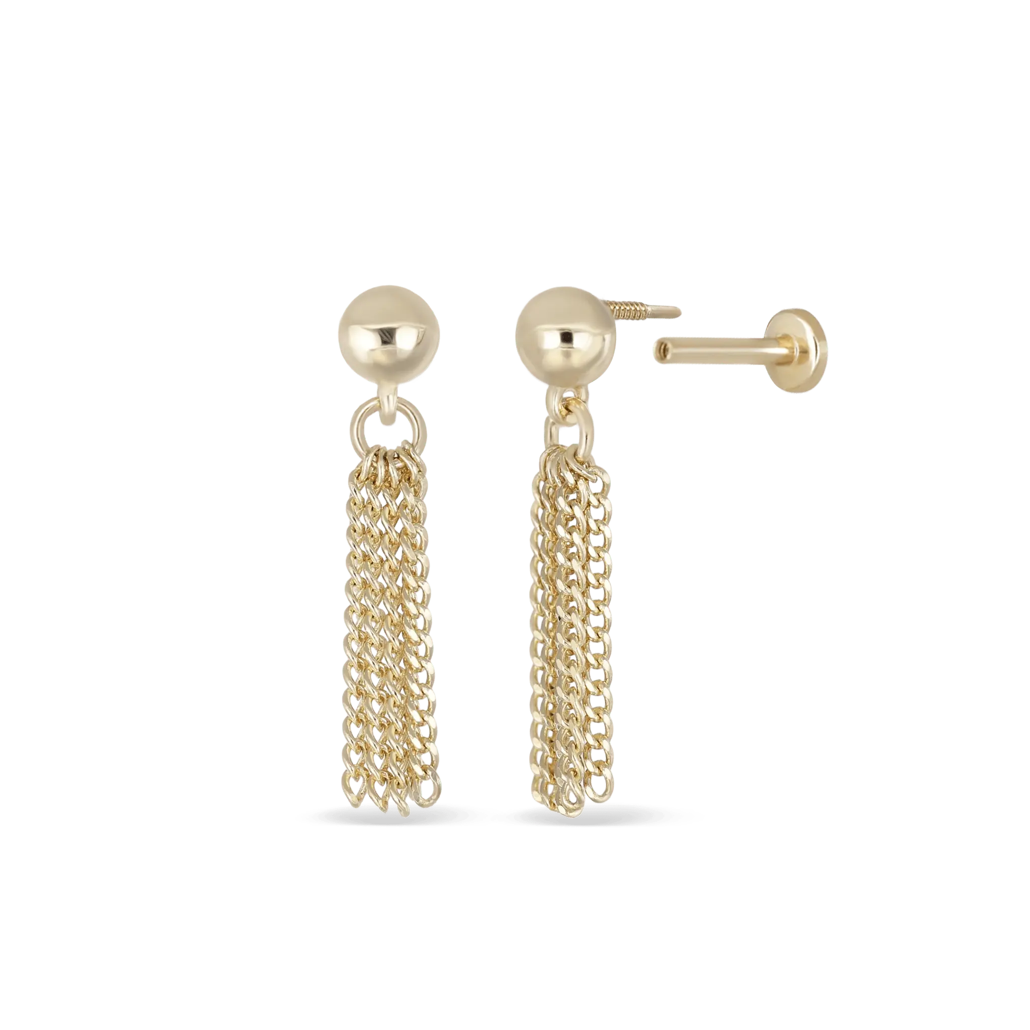 BEATTI Internal Thread Gold 14K Solid Gold Ball with Chain Tassel Internally Threaded Flatback Stud AP Tassel 14K Solid Gold Ball with Chain Tassel Internally Threaded Flatback Stud