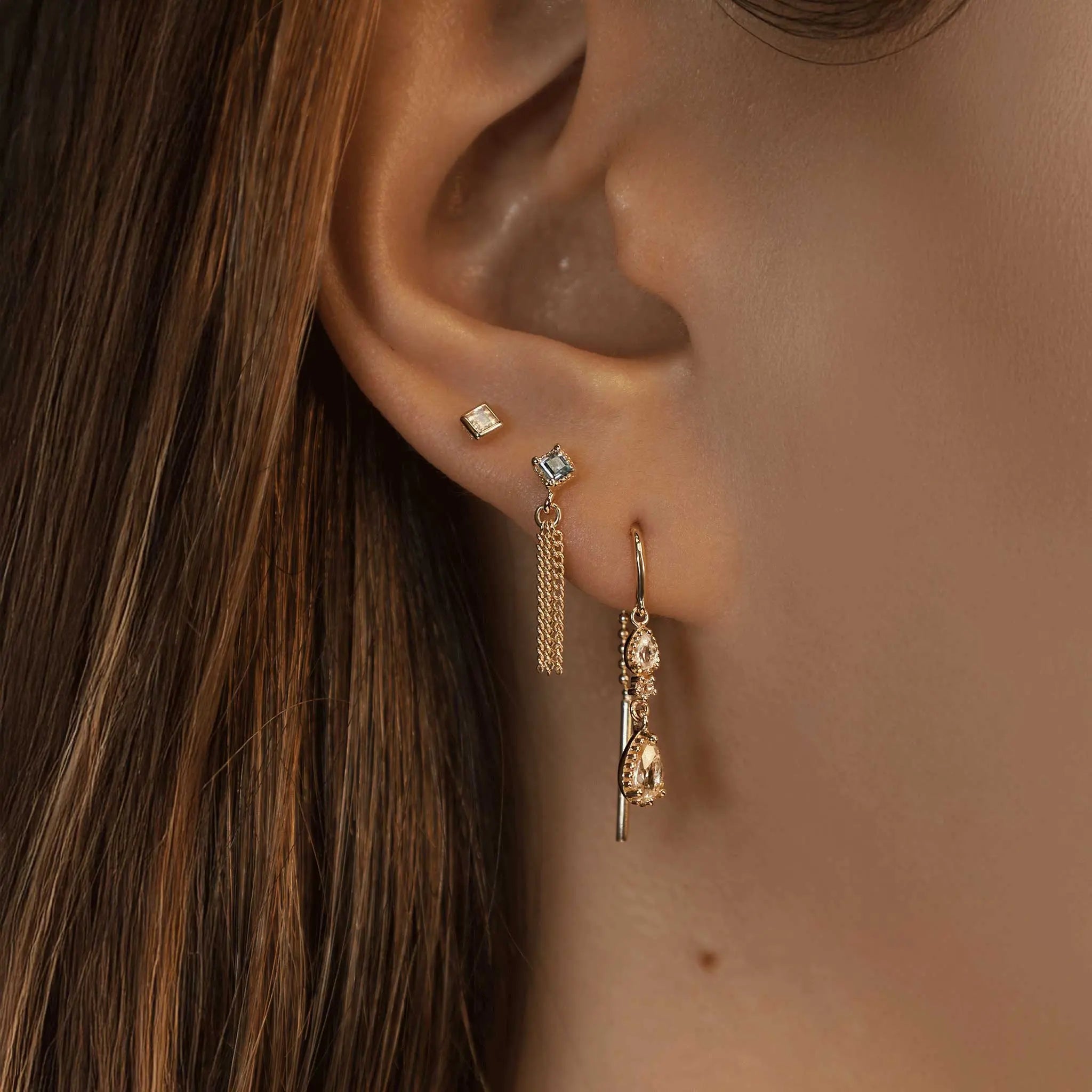 BEATTI Threadless Ends BTE052 • London Blue Topaz Gemstone Triple Tassel Flat Back Stud BTE052 • London Blue Topaz Gemstone Triple Tassel Flat Back Stud