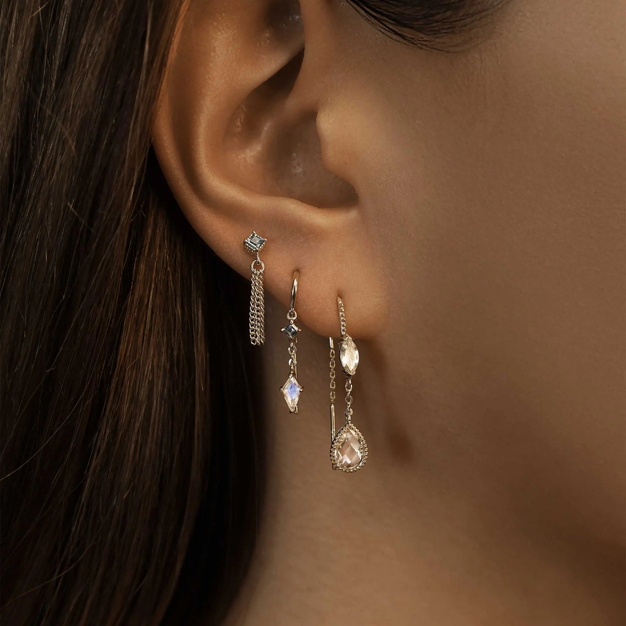 BEATTI Threadless Ends BTE052 • London Blue Topaz Gemstone Triple Tassel Flat Back Stud BTE052 • London Blue Topaz Gemstone Triple Tassel Flat Back Stud