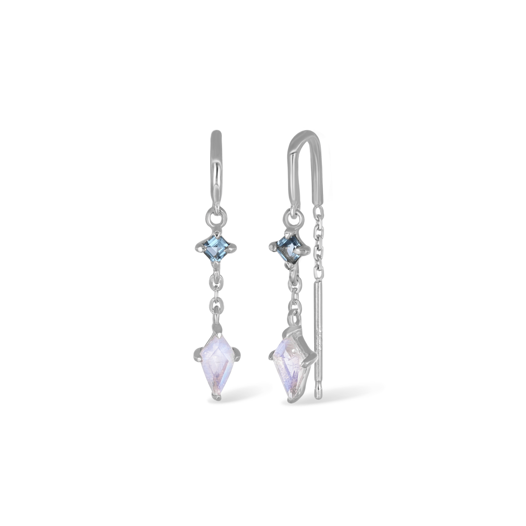 BEATTI Threaders BTE055 • Rainbow Moonstone + London Blue Topaz Gemstone Threader Earrings BTE055 • Rainbow Moonstone + London Blue Topaz Gemstone Threader Earrings