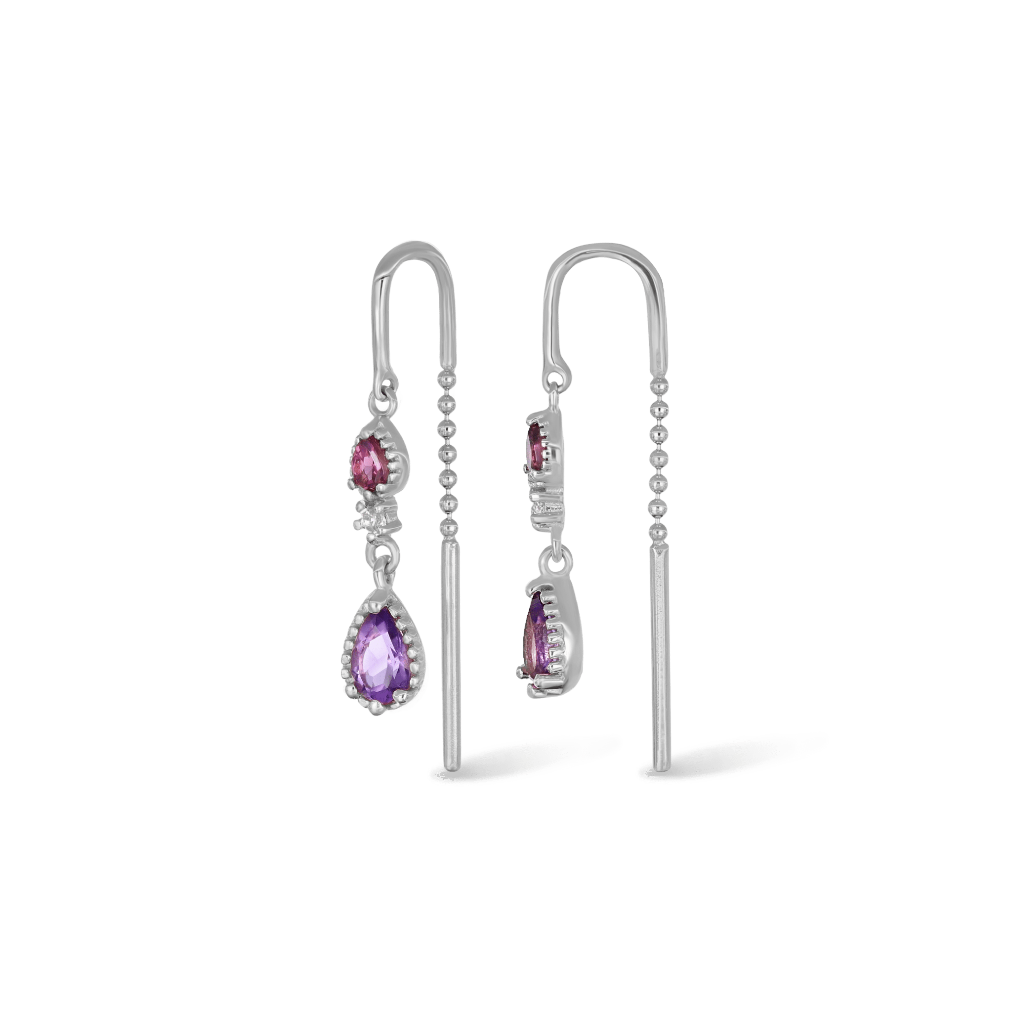 BEATTI Threaders BTE057 • Rhodolite Garnet + Amethyst Gemstone Threader Earrings BTE057 • Rhodolite Garnet + Amethyst Gemstone Threader Earrings