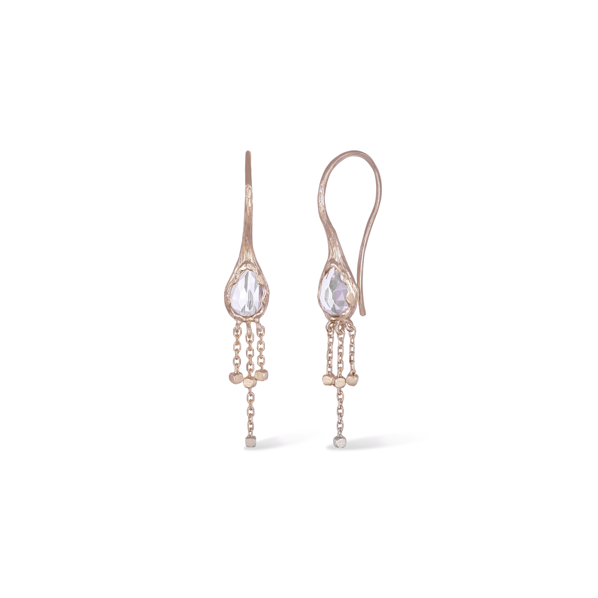BEATTI Threaders Rose Gold / Clear Quartz / Pair Dalia • Clear Quartz Hook Earrings with Chain Tassels BTE058 RCL Dalia • Clear Quartz Hook Earrings with Chain Tassels