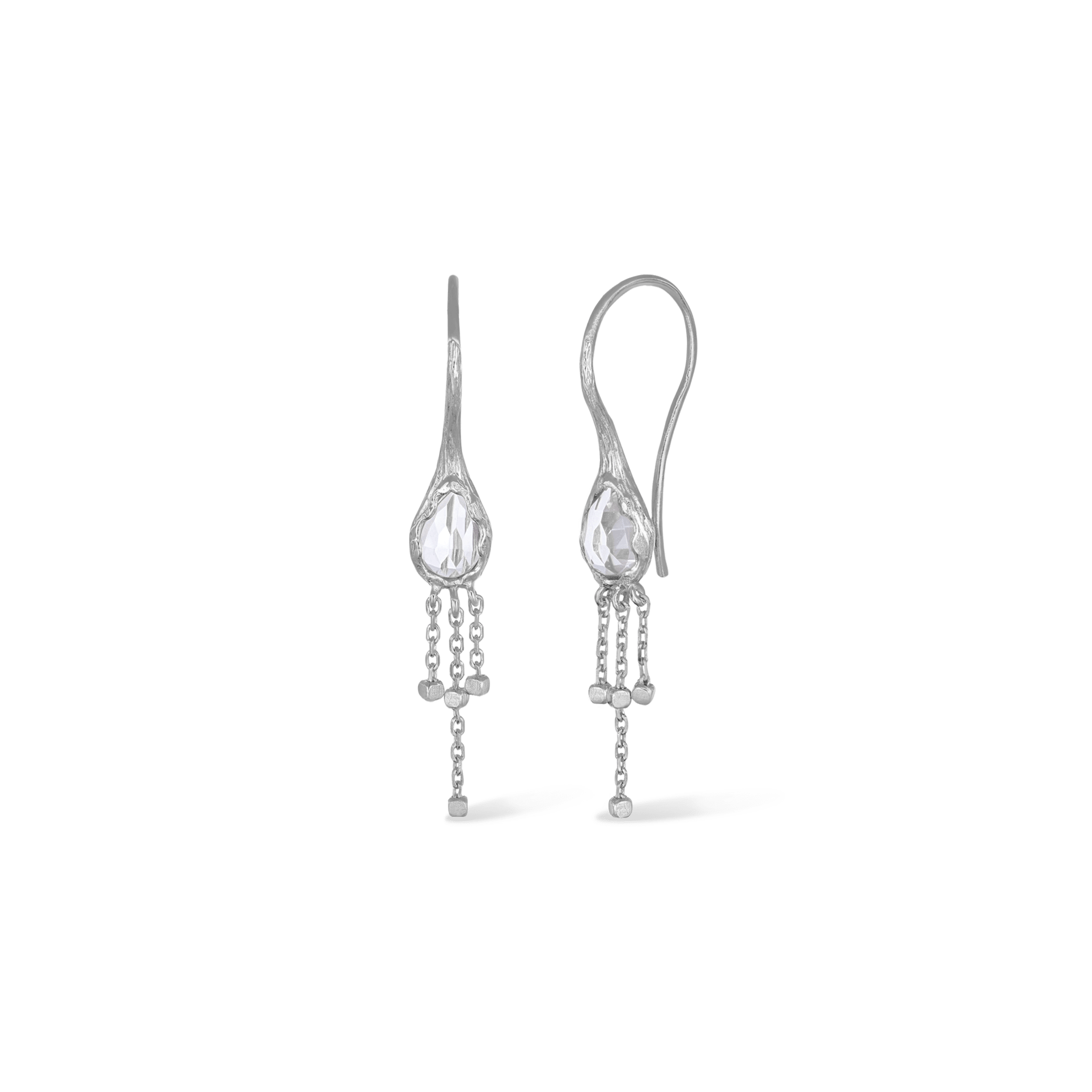 BEATTI Threaders Silver / Clear Quartz / Pair Dalia • Clear Quartz Hook Earrings with Chain Tassels BTE058 RCL Dalia • Clear Quartz Hook Earrings with Chain Tassels