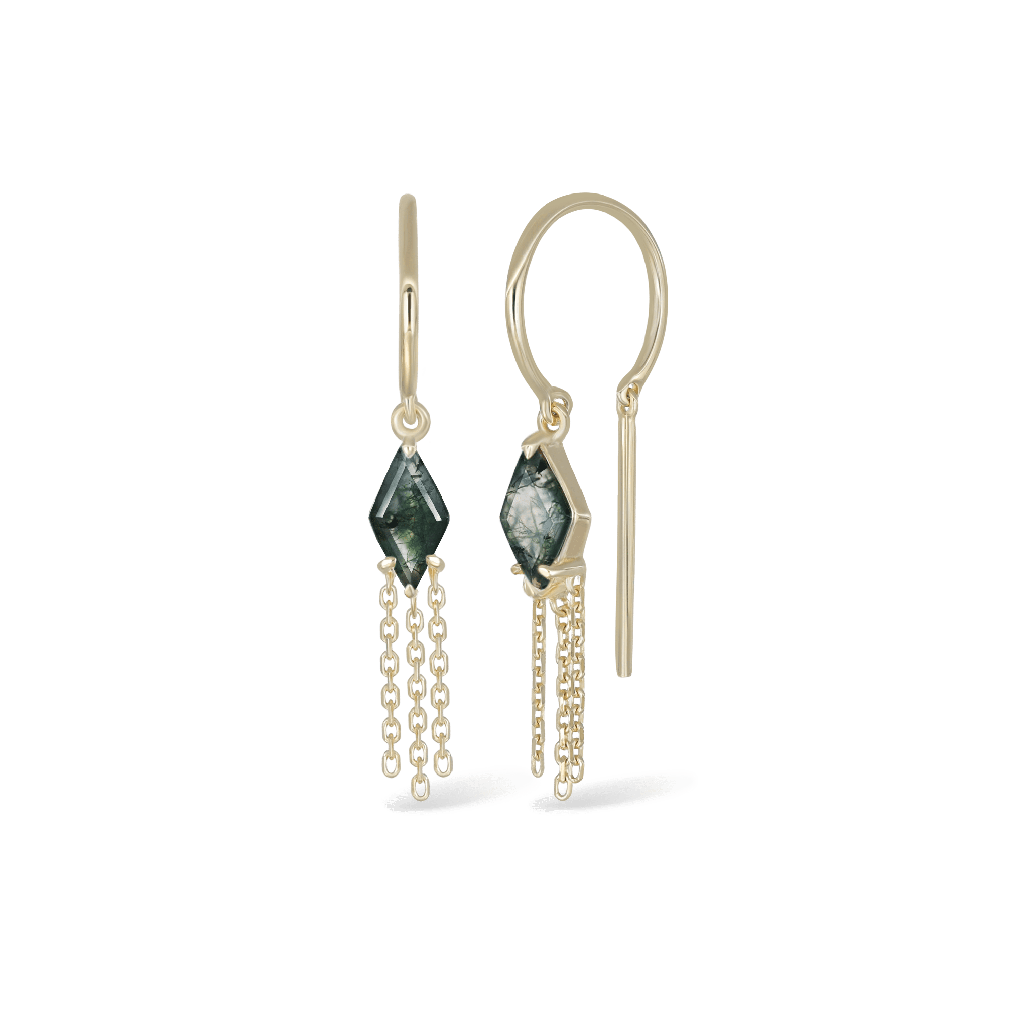 BEATTI Threaders Gold / Moss Agate BTE059 • Moss Agate Rhombus Tassel Gemstone Threader Earrings BTE059 MOSAG BTE059 • Moss Agate Rhombus Tassel Gemstone Threader Earrings