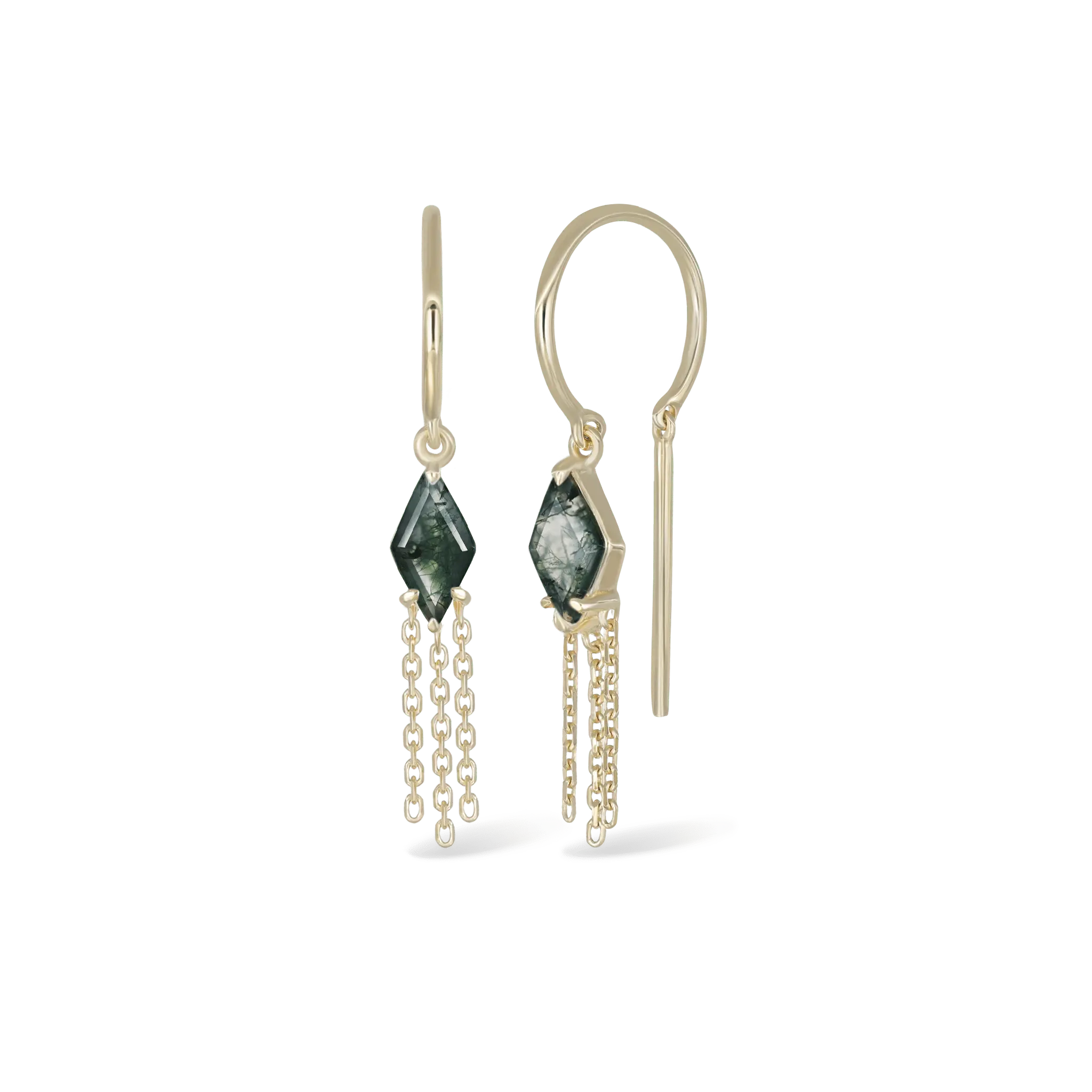 BEATTI Threaders Gold / Moss Agate BTE059 • Moss Agate Rhombus Tassel Gemstone Threader Earrings BTE059 MOSAG BTE059 • Moss Agate Rhombus Tassel Gemstone Threader Earrings