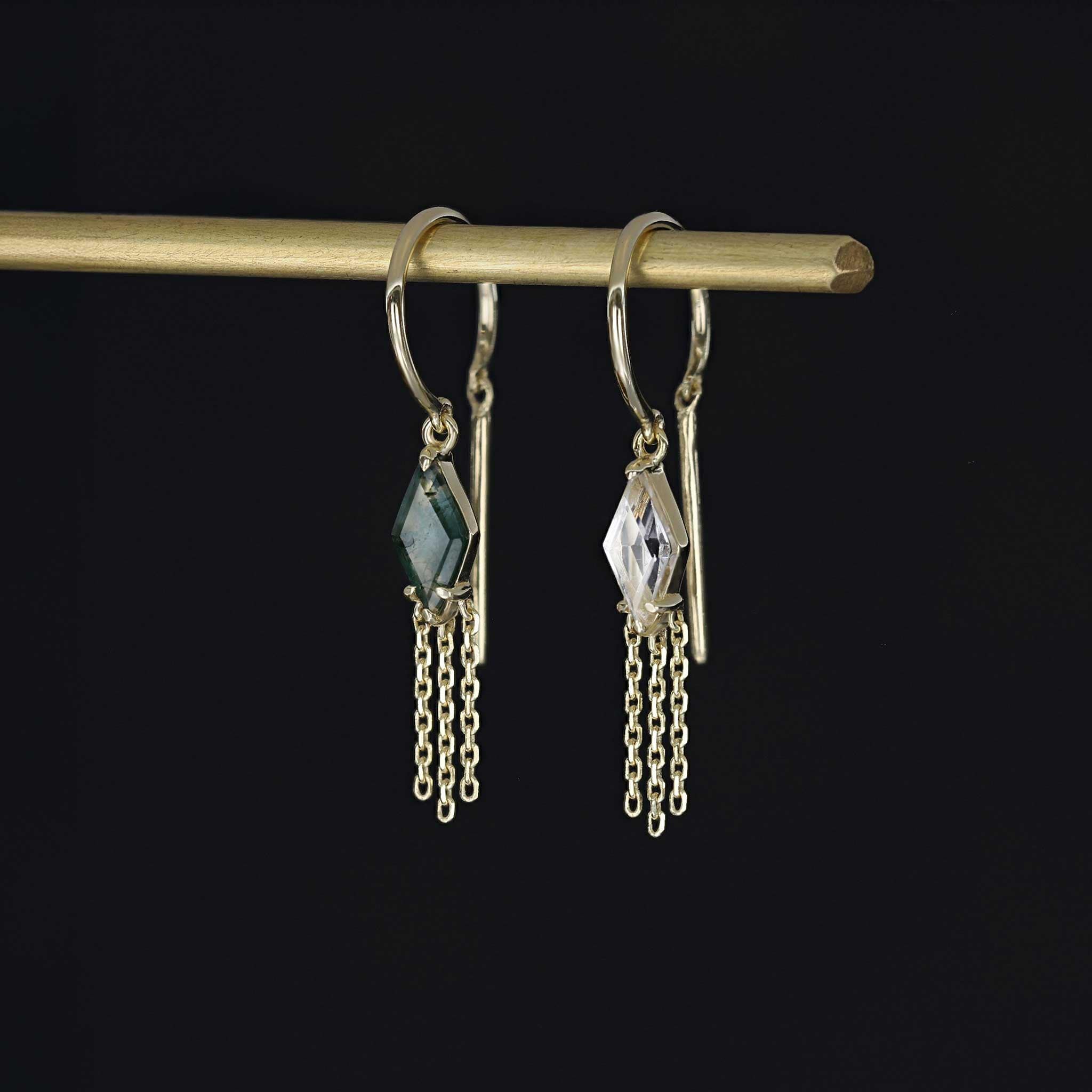 BEATTI Threaders Gold / Moss Agate BTE059 • Moss Agate Rhombus Tassel Gemstone Threader Earrings BTE059 MOSAG BTE059 • Moss Agate Rhombus Tassel Gemstone Threader Earrings
