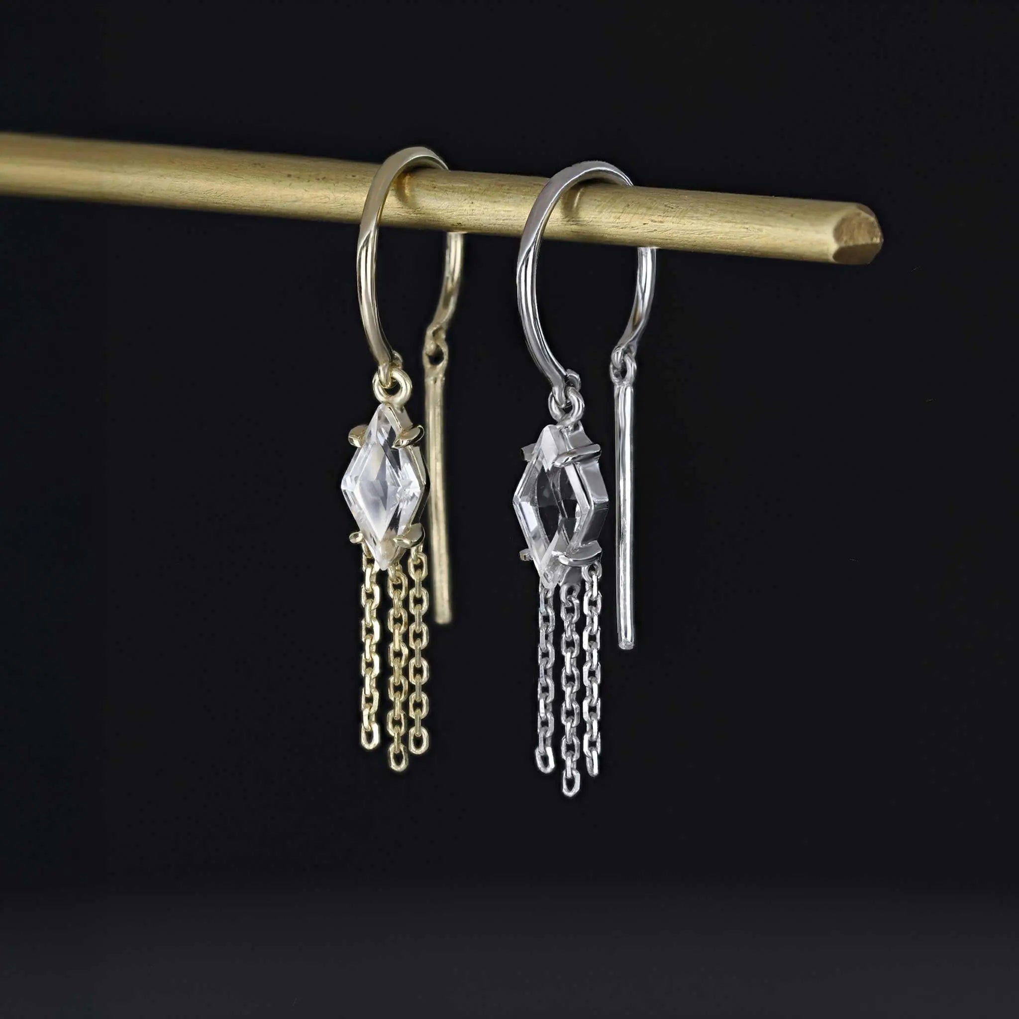 BEATTI Threaders BTE060 • White Topaz Rhombus Tassel Gemstone Threader Earrings BTE060 • White Topaz Rhombus Tassel Gemstone Threader Earrings