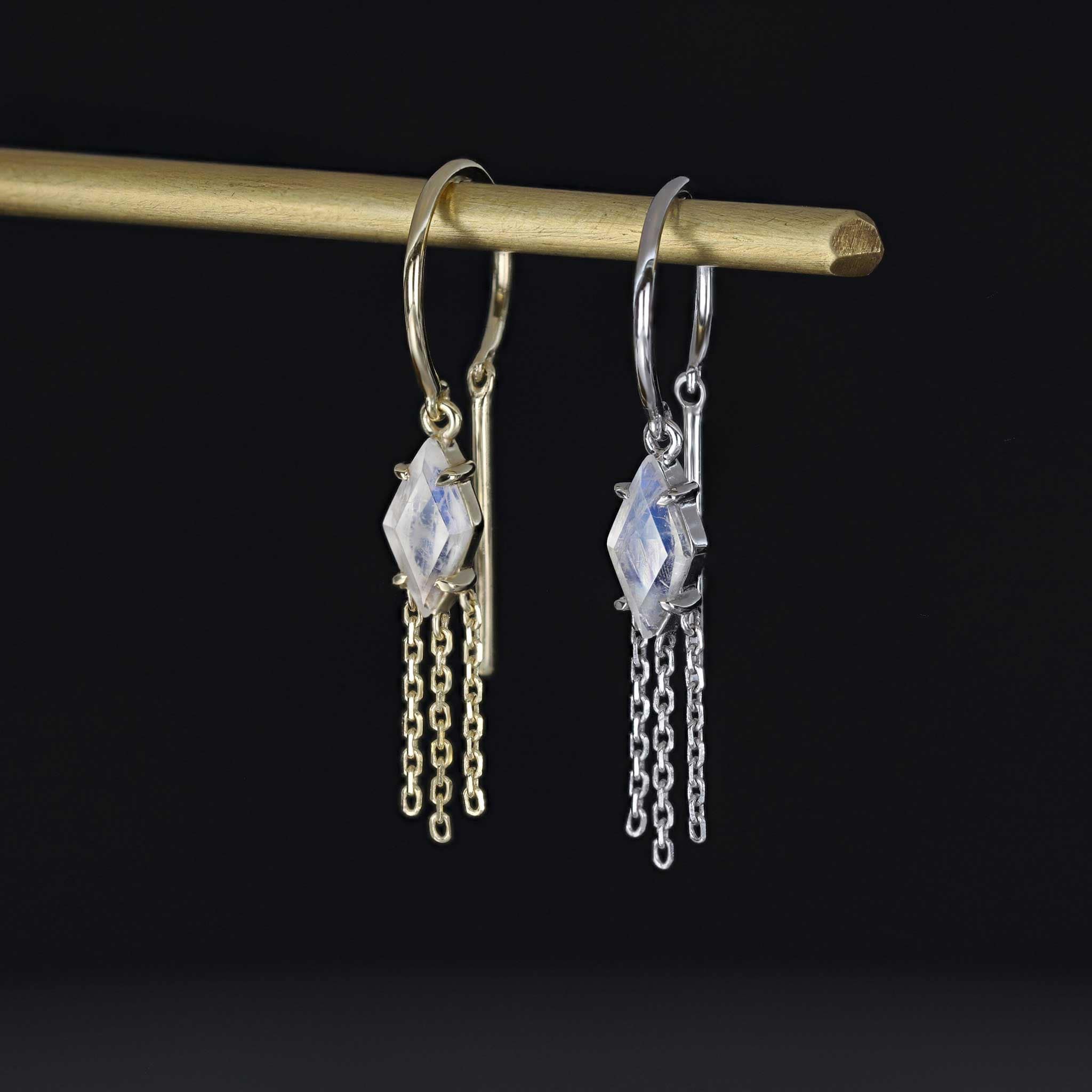 BEATTI Threaders BTE060 • Rainbow Moonstone Rhombus Tassel Gemstone Threader Earrings BTE060 • Rainbow Moonstone Rhombus Tassel Gemstone Threader Earrings