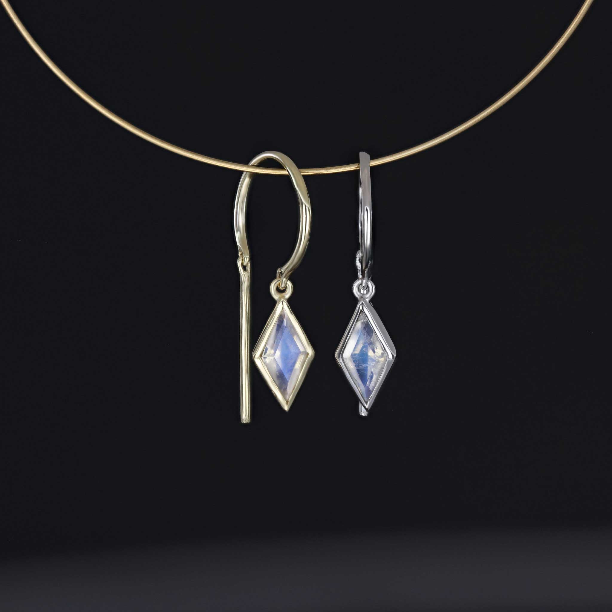 Ray open hoop earring with diamond cut rainbow moonstone in bezel setting