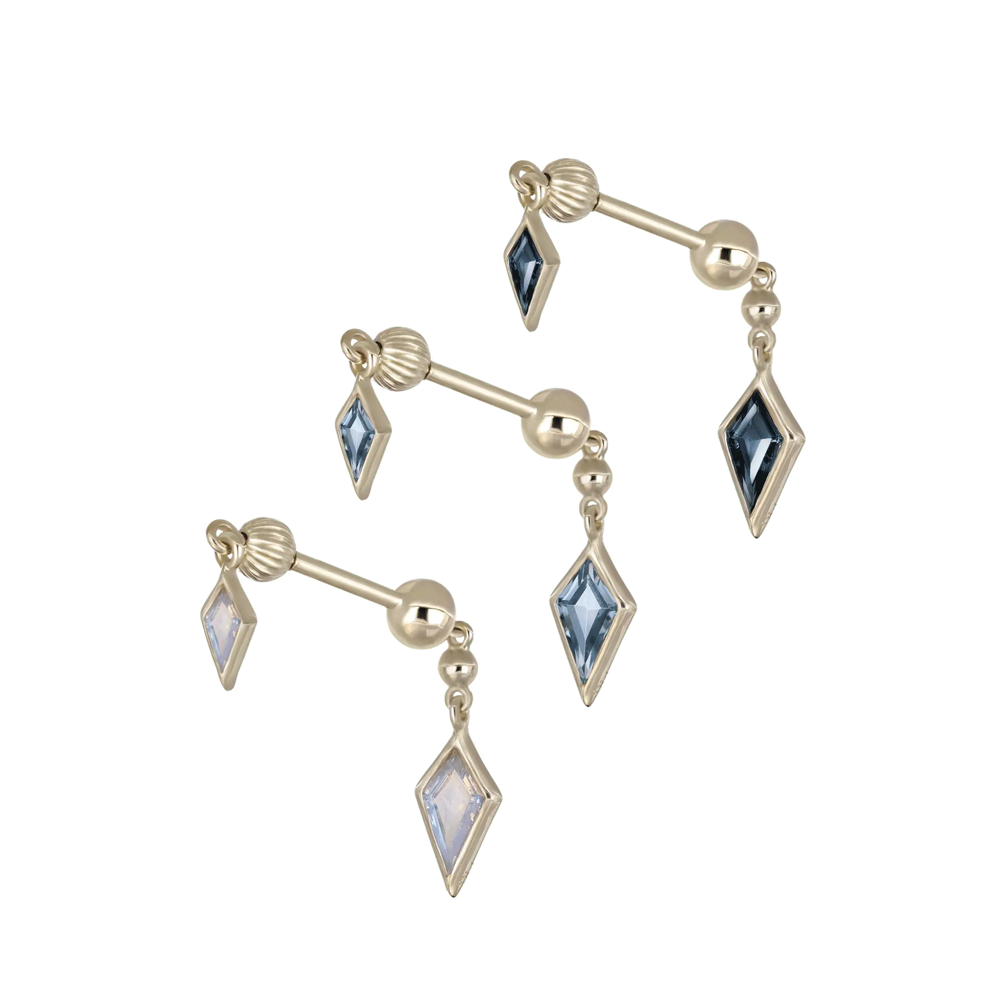 BEATTI Internal Thread Vira • 14K Solid Gold Double Rainbow Moonstone / London Blue Topaz / Swiss Blue Topaz Barbell Piercing Vira • 14K Solid Gold Double Rainbow Moonstone / London Blue Topaz / Swiss Blue Topaz Barbell Piercing