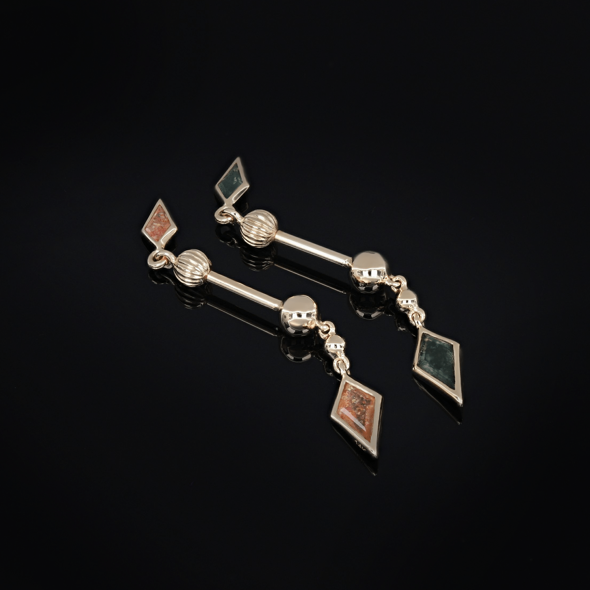 BEATTI Internal Thread Vira • 14K Solid Gold Double Sunstone / Moss Agate Barbell Piercing Vira • 14K Solid Gold Double Sunstone / Moss Agate Barbell Piercing