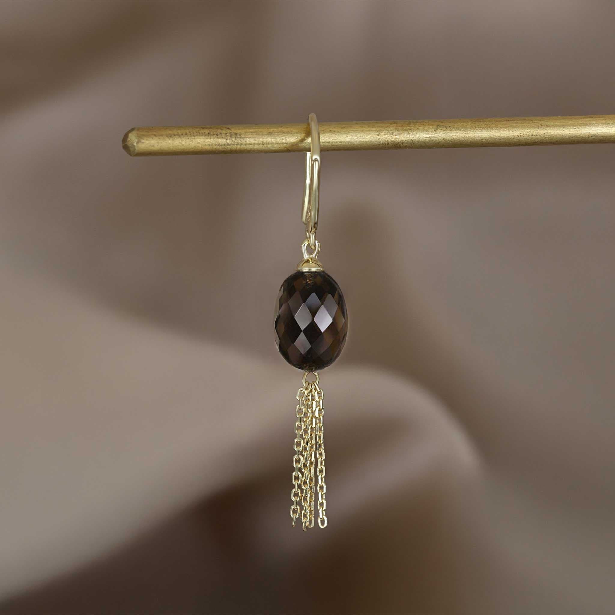 BEATTI Threaders Gold / Smoky Quartz BTE050 • Smoky Quartz Tassel Dangle Hoop Earrings BTE058 YG L BTE050 • Smoky Quartz Tassel Dangle Hoop Earrings
