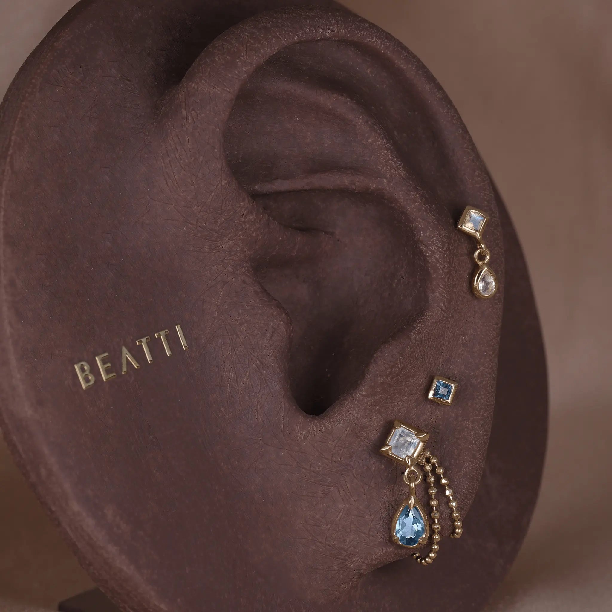 BEATTI Threadless Ends Esther • Moonstone + London Blue Topaz Flat Back Stud Esther • Moonstone + London Blue Topaz Flat Back Stud