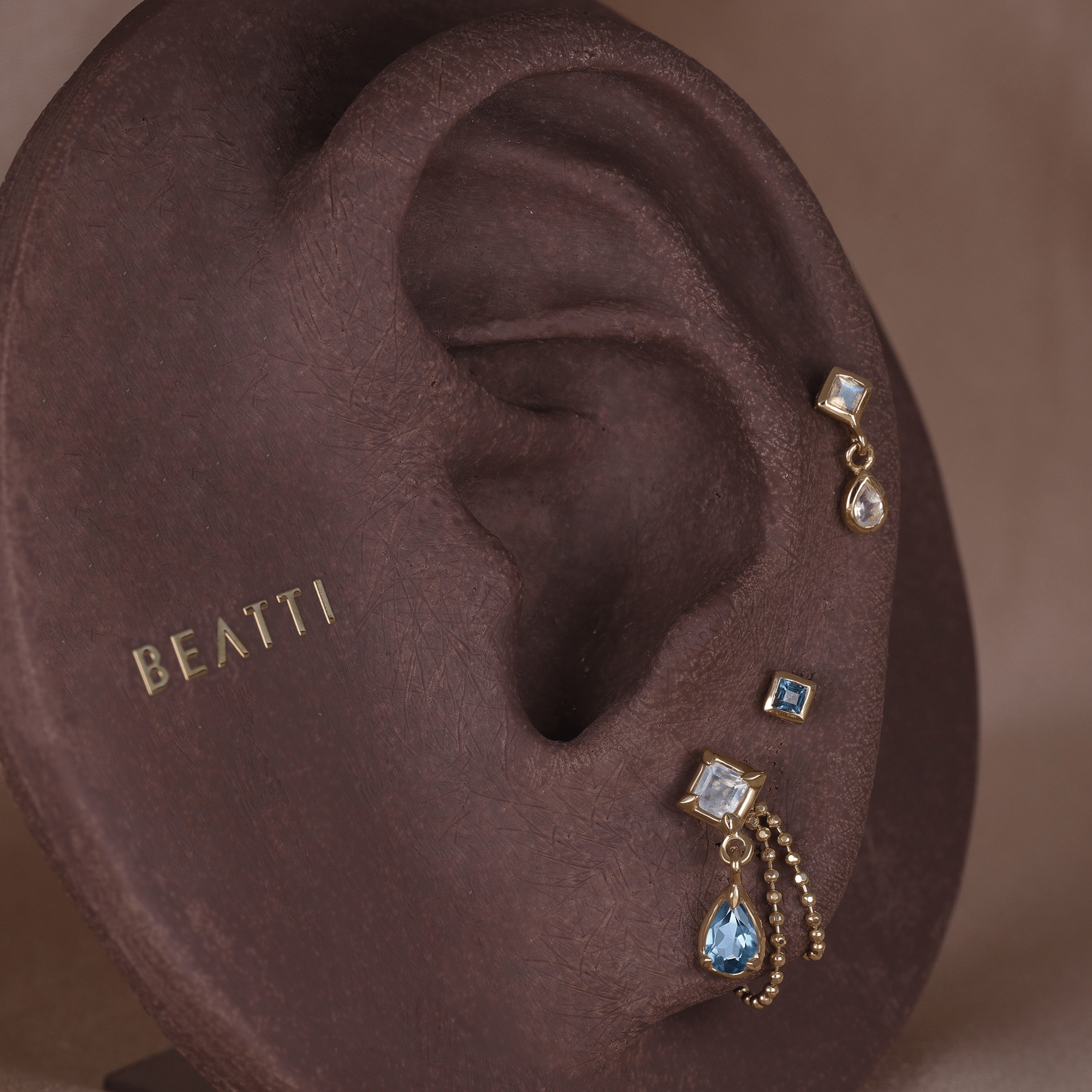 BEATTI Threadless Ends Esther • Moonstone + London Blue Topaz Flat Back Stud Esther • Moonstone + London Blue Topaz Flat Back Stud