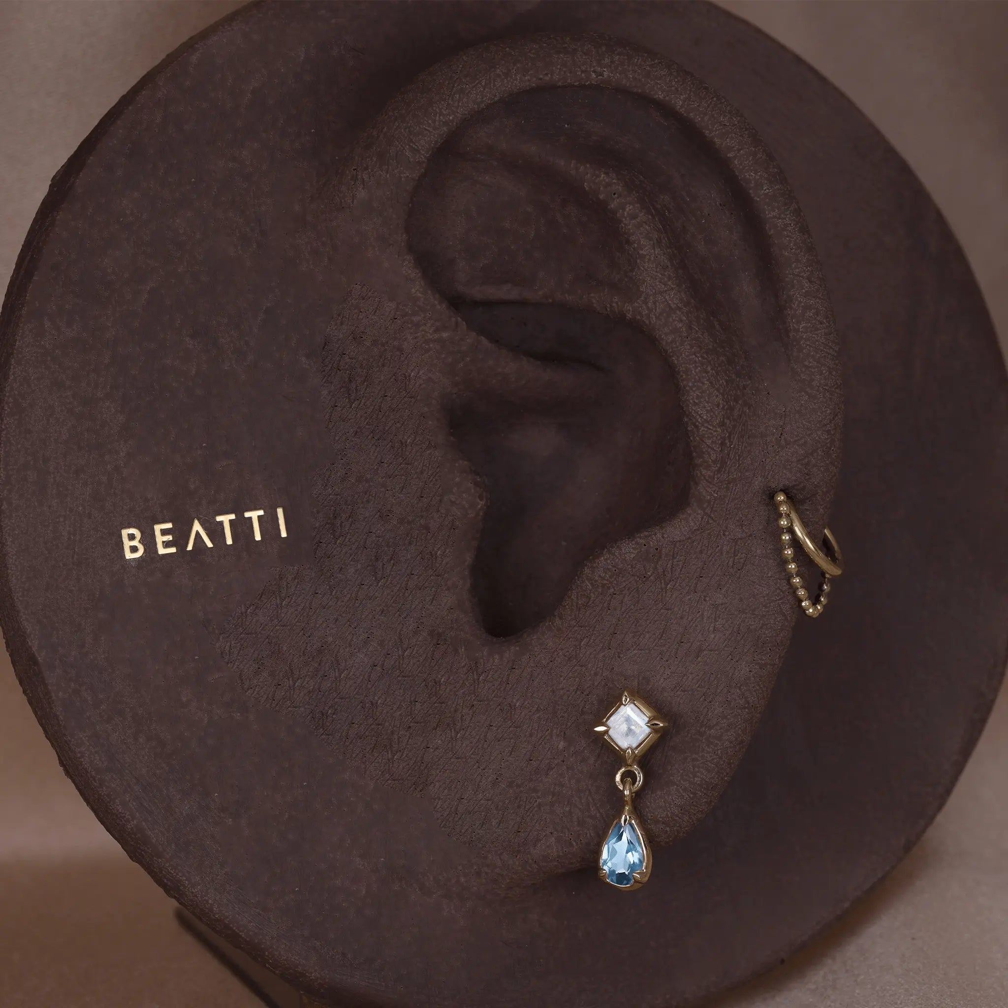 BEATTI Threadless Ends Esther • Moonstone + London Blue Topaz Flat Back Stud Esther • Moonstone + London Blue Topaz Flat Back Stud