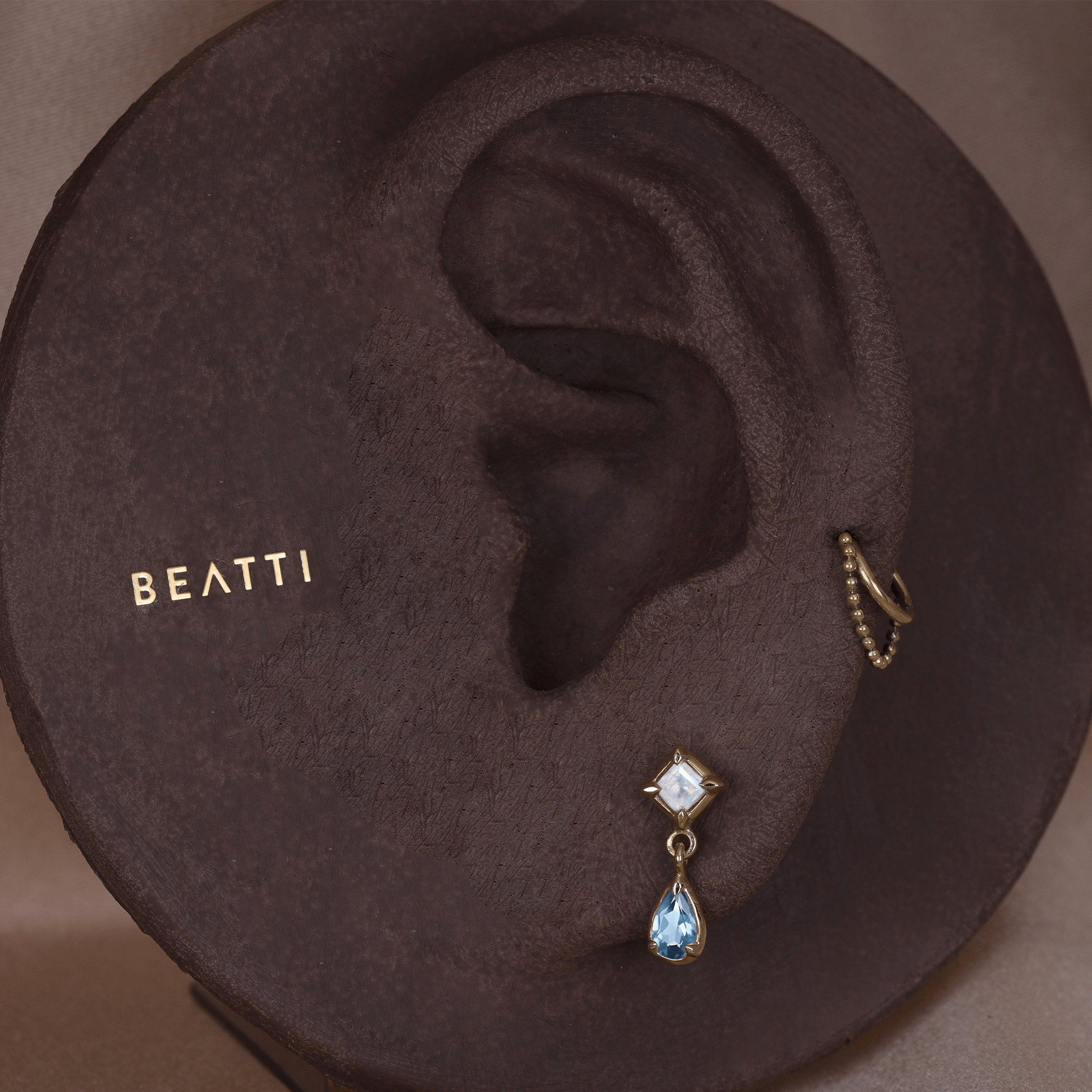 BEATTI Threadless Ends Esther • Moonstone + London Blue Topaz Flat Back Stud Esther • Moonstone + London Blue Topaz Flat Back Stud