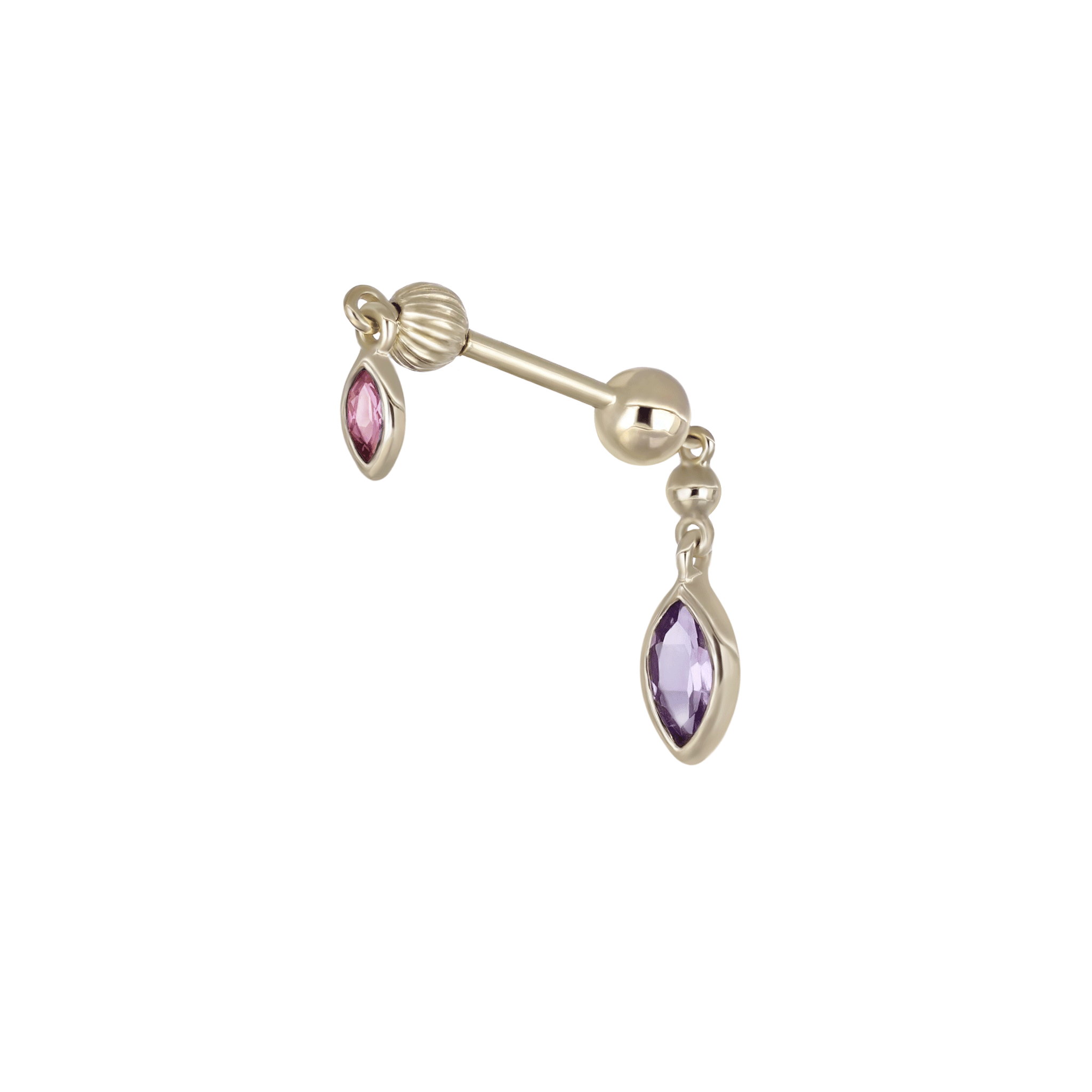 BEATTI Internal Thread Gold / Rhodolite Garnet + Amethyst Vira • Marquise Double Barbell – Internally Threaded BTPRG068 Vira • Marquise Double Barbell – Internally Threaded