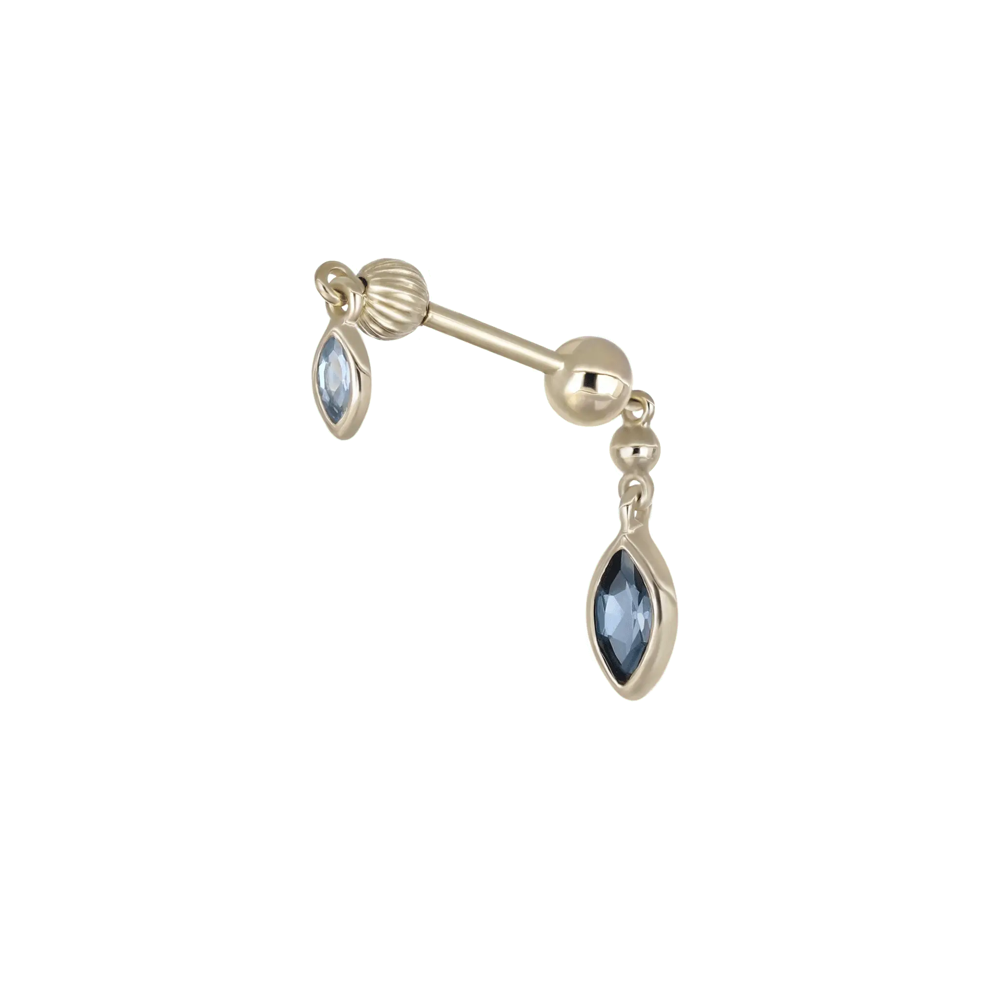 BEATTI Internal Thread Gold / Swiss Blue Topaz + London Blue Topaz Vira • Marquise Double Barbell – Internally Threaded BTPRG068 Vira • Marquise Double Barbell – Internally Threaded