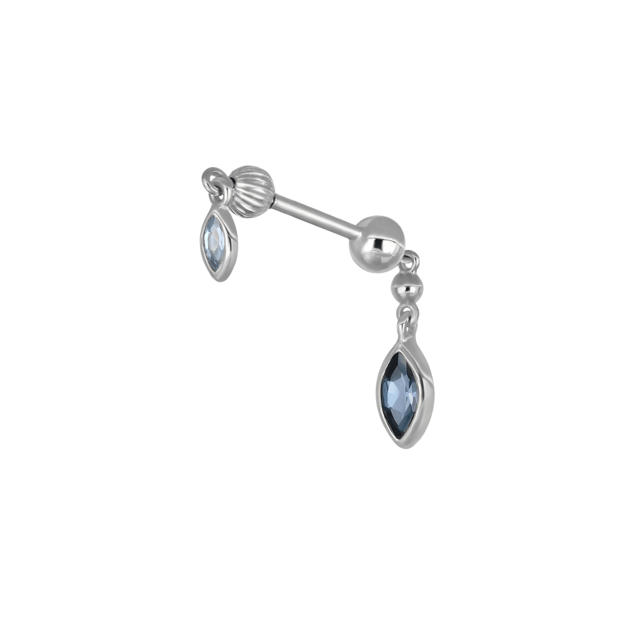 BEATTI Internal Thread White Gold / Swiss Blue Topaz + London Blue Topaz Vira • Marquise Double Barbell – Internally Threaded BTPRG068 Vira • Marquise Double Barbell – Internally Threaded