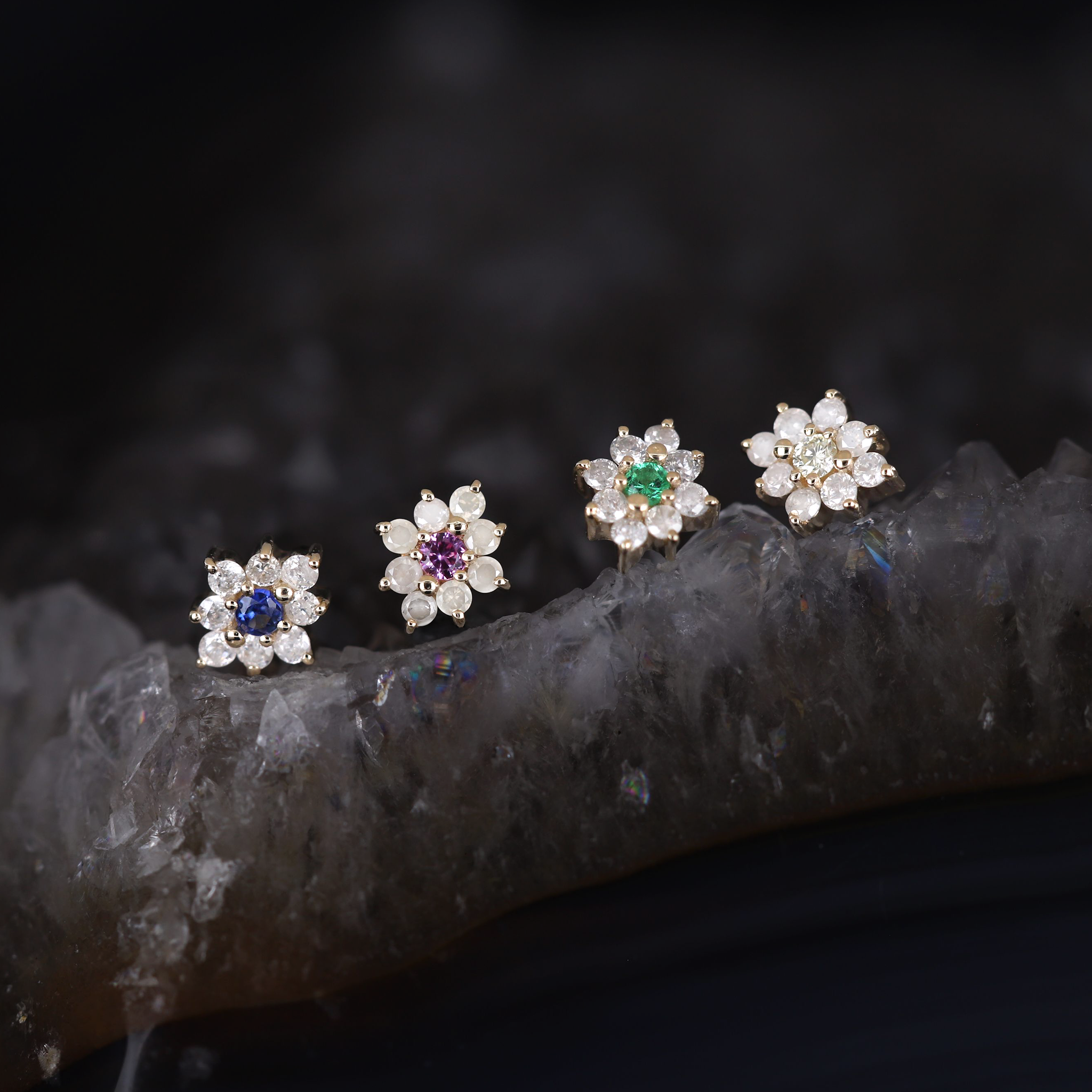 Aster • Petite Gemstone & Icy Diamond Floral Flat Back Stud