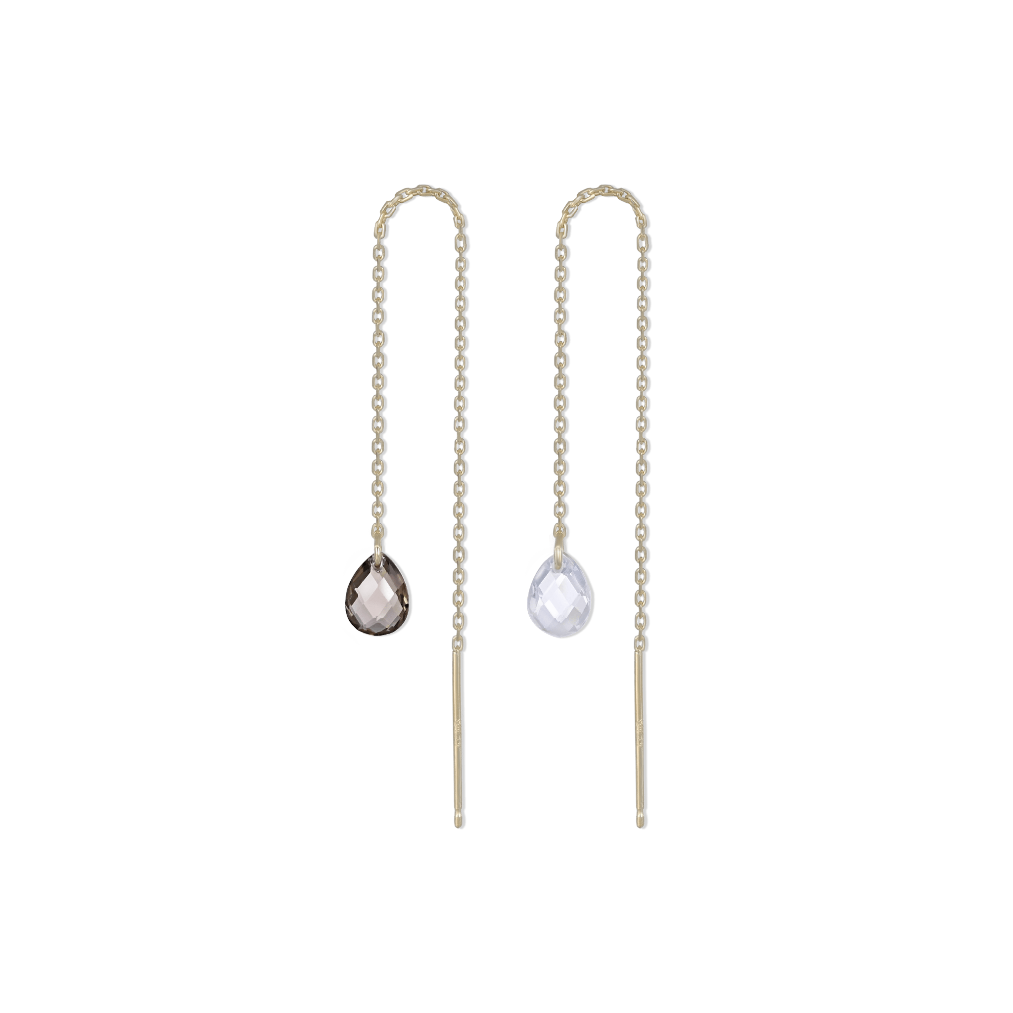 smoky quartz and white topaz gold threader earrings with teardrop-shaped stones