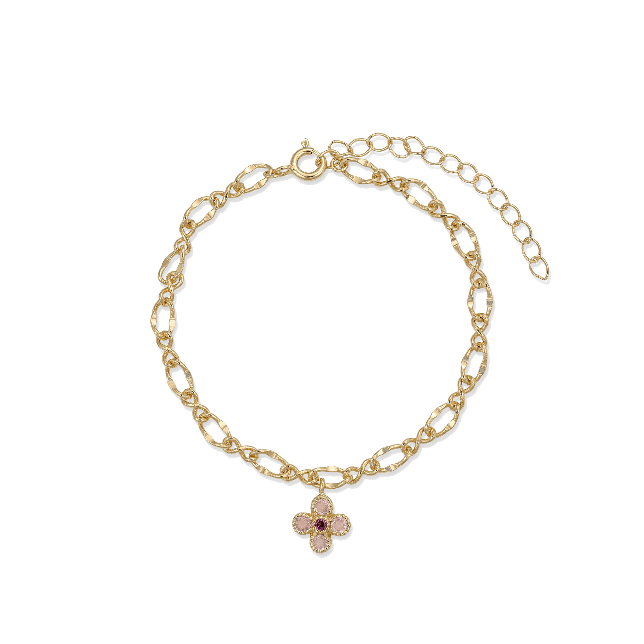 BEATTI Bracelet Gold / Rose Quartz + Rodolite Garnet Sample Sale • Gemstone Flower Charm Link Chain Bracelet YG SS25 SS25 BR 004 SV YG Sample Sale • Gemstone Flower Charm Link Chain Bracelet YG SS25