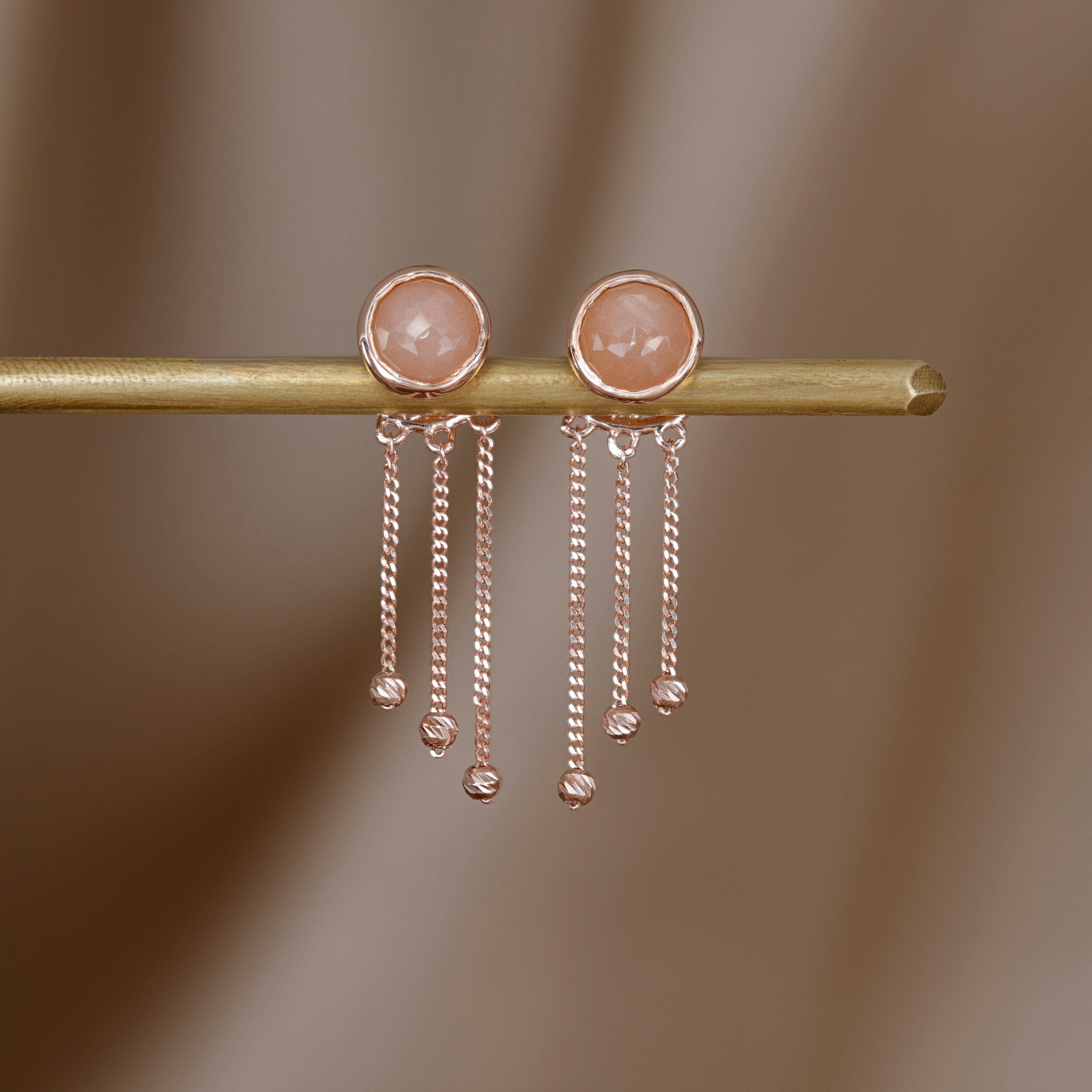 BEATTI Studs Rose Gold / Peach Moonstone Sample Sale • Dangle Moonlit Ball Rounded Peach Moonstone Earrings RG SS25 SS25 EA 007 SV Sample Sale • Dangle Moonlit Ball Rounded Peach Moonstone Earrings RG SS25