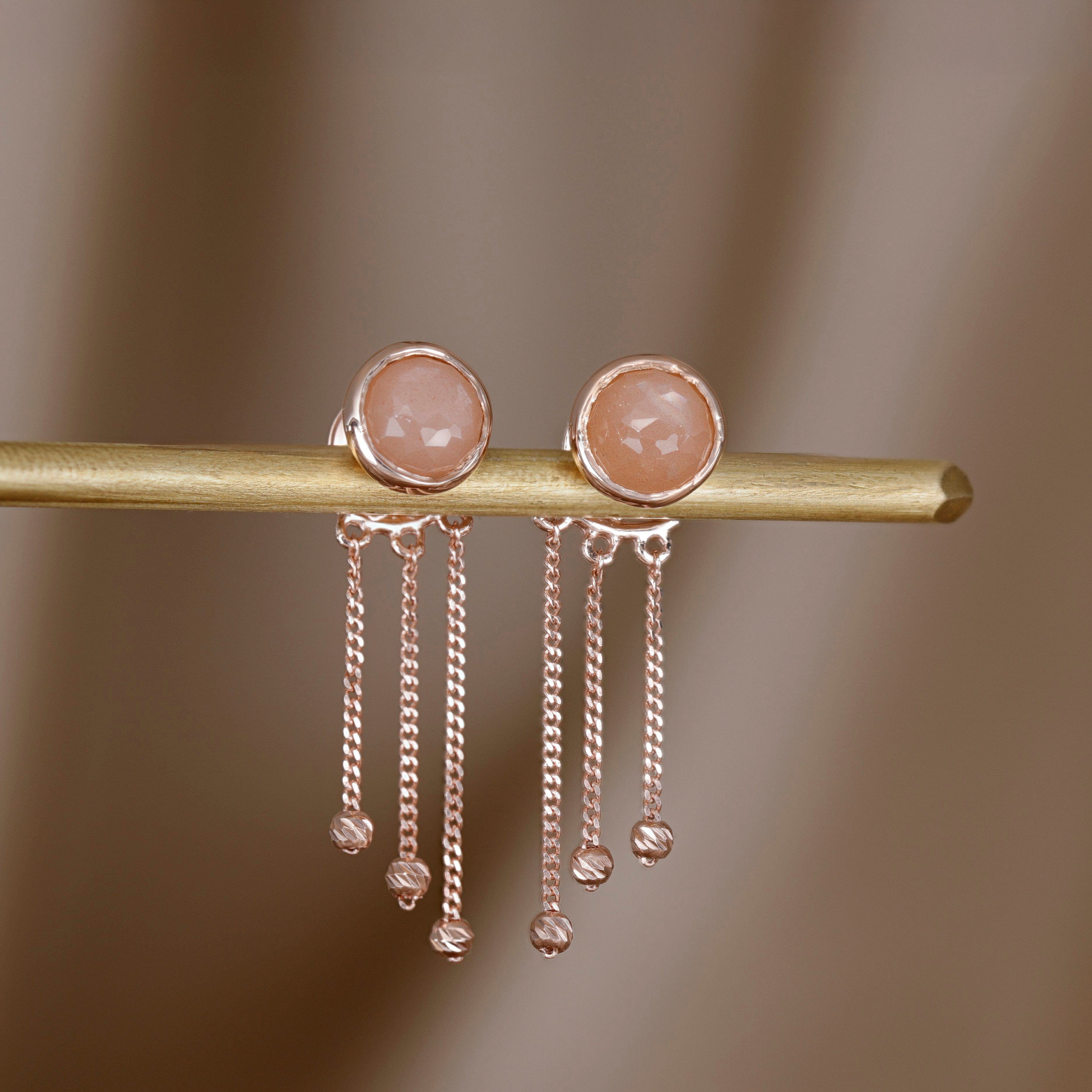 BEATTI Studs Rose Gold / Peach Moonstone Sample Sale • Dangle Moonlit Ball Rounded Peach Moonstone Earrings RG SS25 SS25 EA 007 SV Sample Sale • Dangle Moonlit Ball Rounded Peach Moonstone Earrings RG SS25