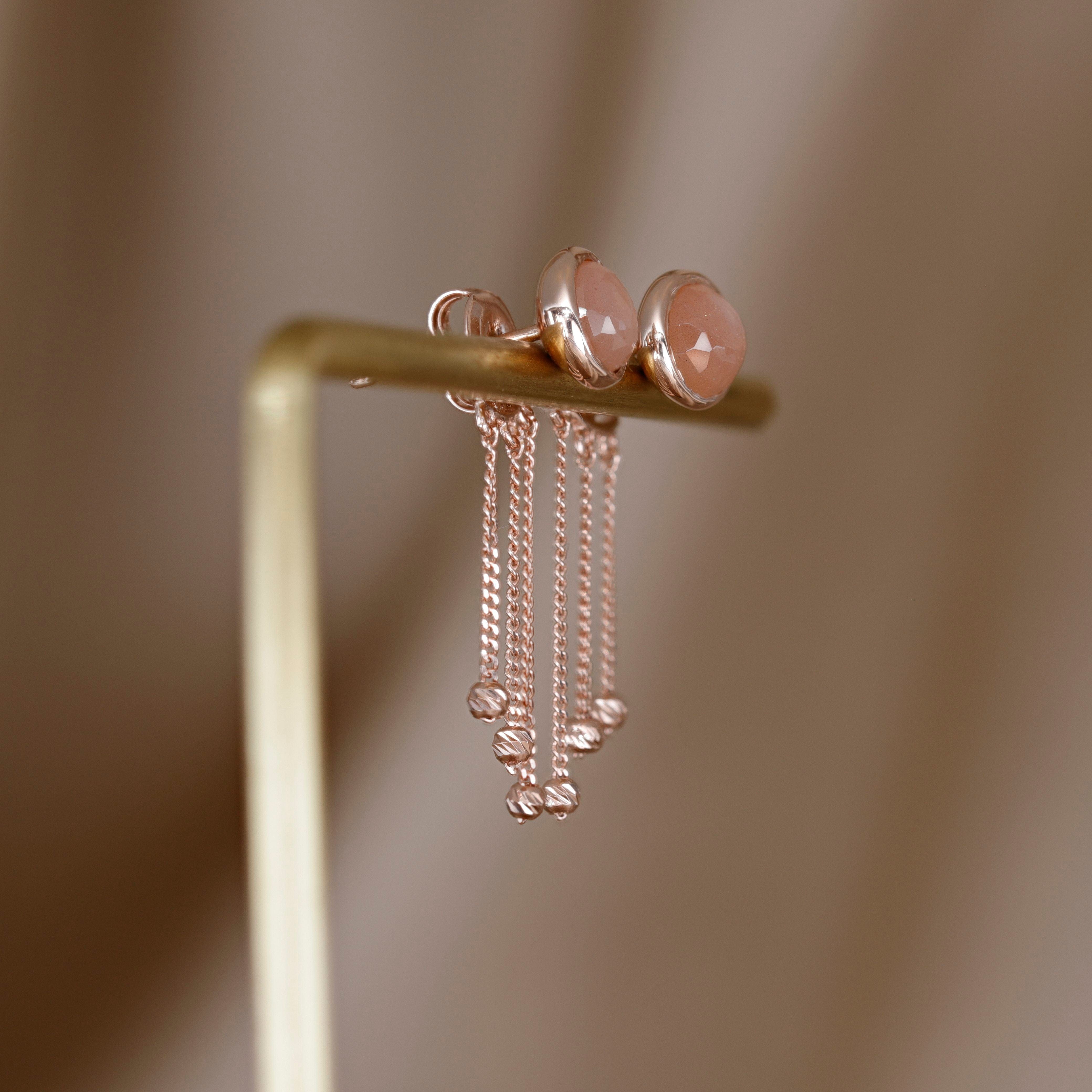 BEATTI Studs Rose Gold / Peach Moonstone Sample Sale • Dangle Moonlit Ball Rounded Peach Moonstone Earrings RG SS25 SS25 EA 007 SV Sample Sale • Dangle Moonlit Ball Rounded Peach Moonstone Earrings RG SS25