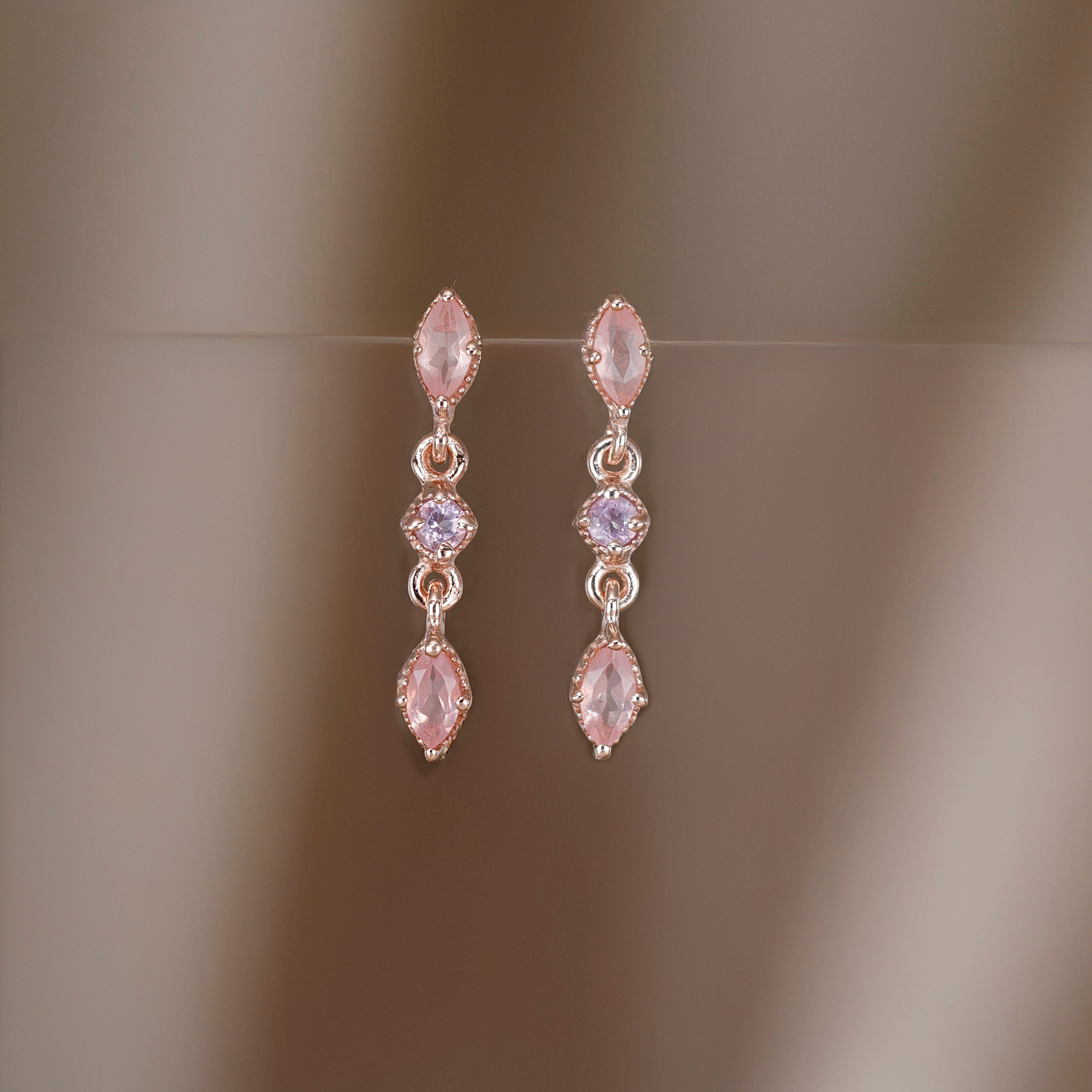BEATTI Studs Rose Gold / Rose Quartz + Amethyst Sample Sale • Dangle Marquise Natural Gemstone Earrings SV/RG SS25 SS25 EA 015 SV RG Sample Sale • Dangle Marquise Natural Gemstone Earrings SV/RG SS25