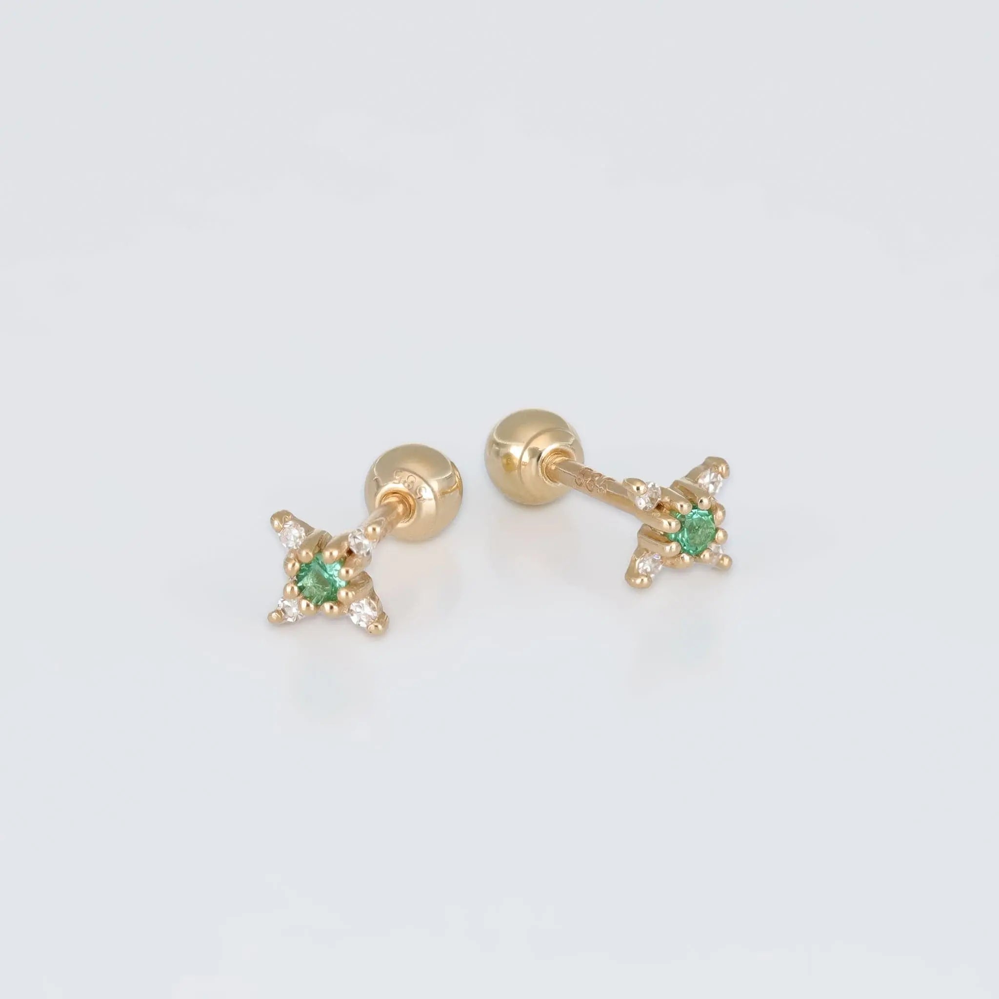 BEATTI Barbell Gold / Emerald Sample Sale • Tiny Emerald and Diamond Star Barbell Earrings YG SS25 SS25 PI 002 YG Sample Sale • Tiny Emerald and Diamond Star Barbell Earrings YG SS25