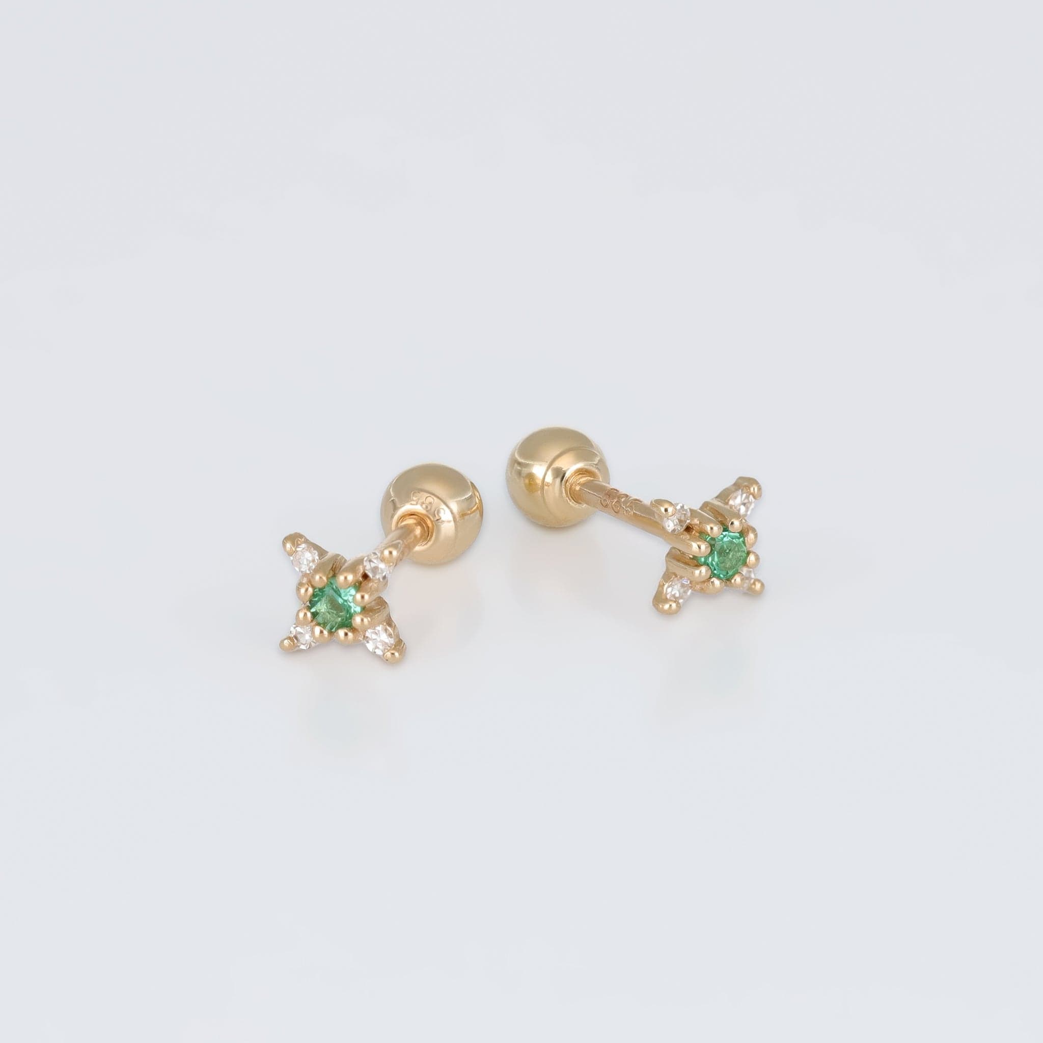 BEATTI Barbell Gold / Emerald Sample Sale • Tiny Emerald and Diamond Star Barbell Earrings YG SS25 SS25 PI 002 YG Sample Sale • Tiny Emerald and Diamond Star Barbell Earrings YG SS25