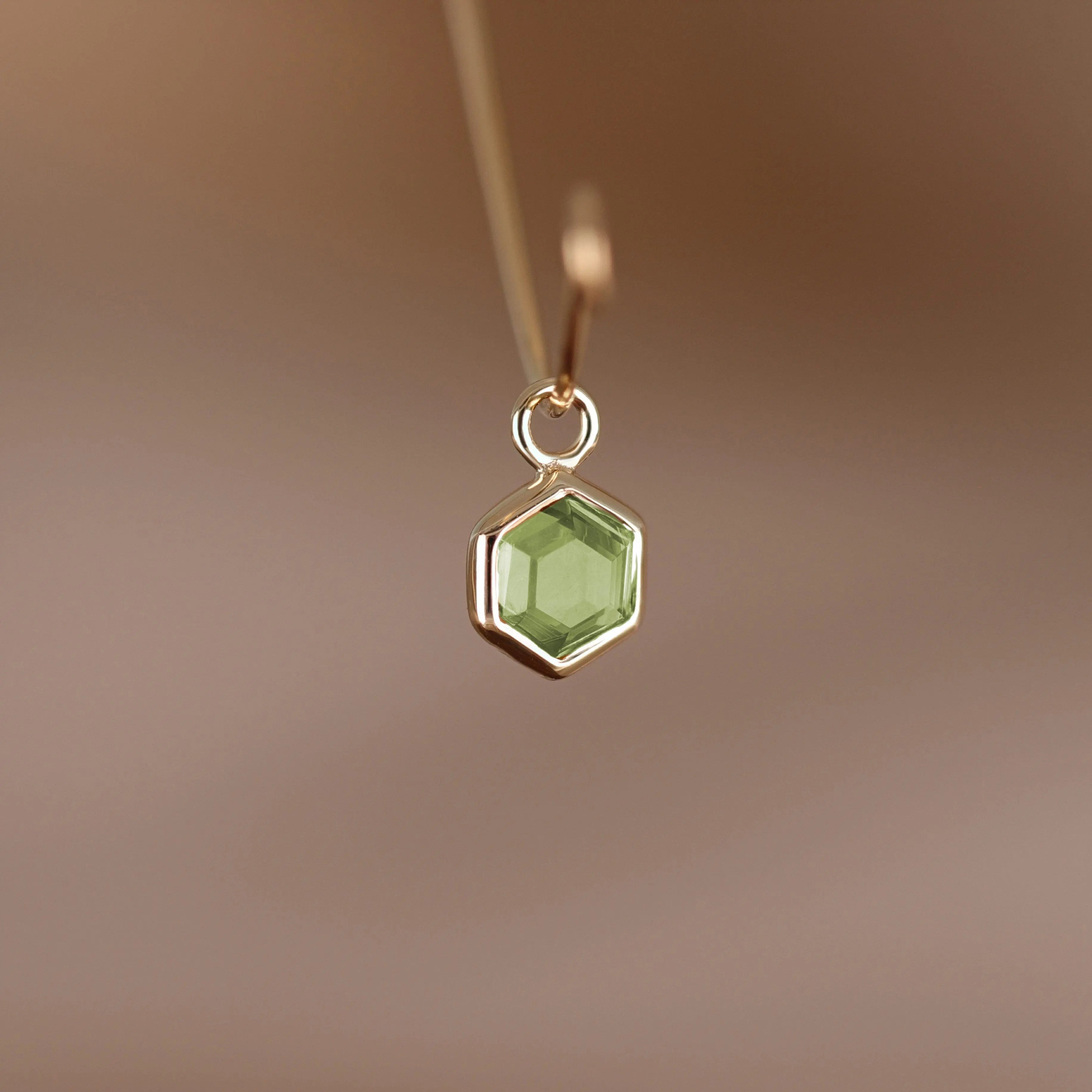 BEATTI Charms Gold / Peridot Ela • 14K Gold Hexagon Gemstone Hoop Charm BTPG039 Ela • 14K Gold Hexagon Gemstone Hoop Charm