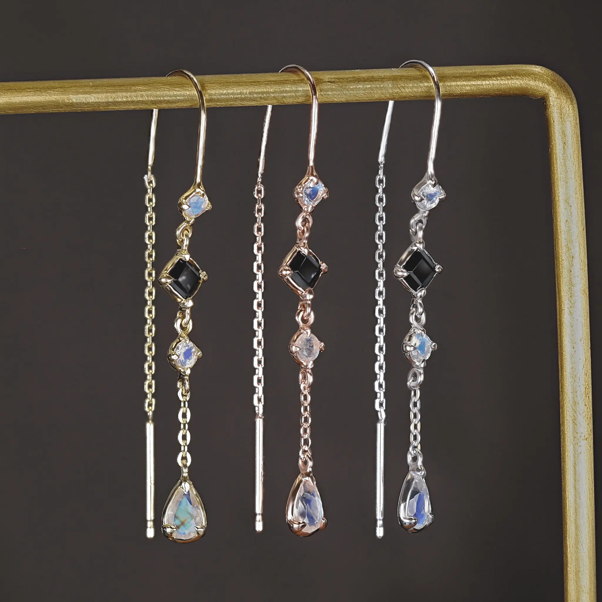 BEATTI Threaders Tess • Moonstone Black Spiner Threader Earrings Tess • Moonstone Black Spiner Threader Earrings