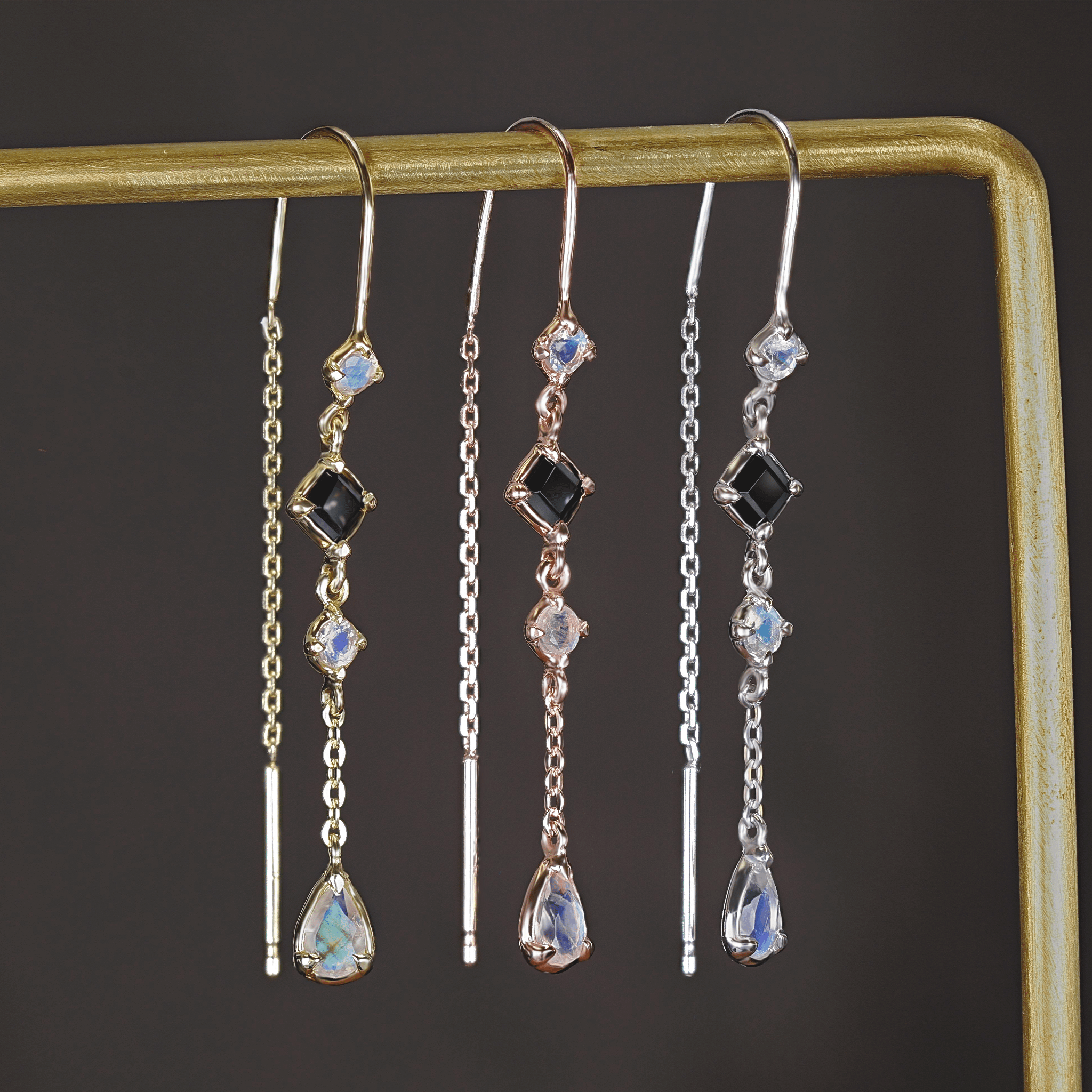 BEATTI Threaders Tess • Moonstone Black Spiner Threader Earrings Tess • Moonstone Black Spiner Threader Earrings