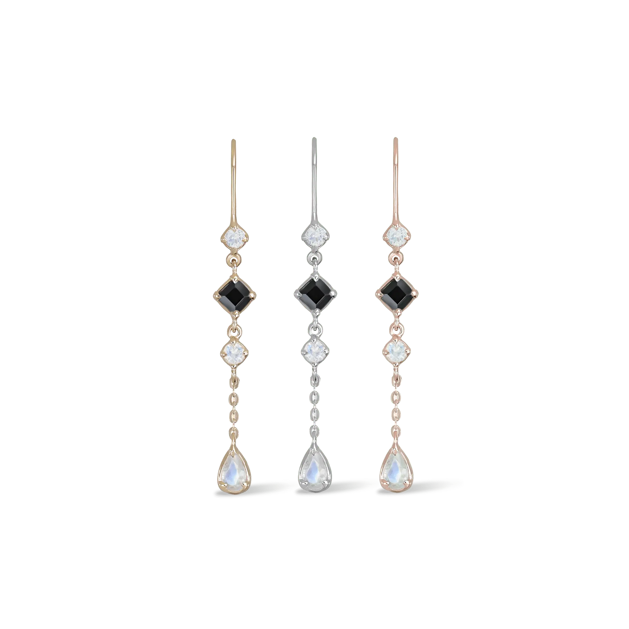 BEATTI Threaders Tess • Moonstone Black Spiner Threader Earrings Tess • Moonstone Black Spiner Threader Earrings