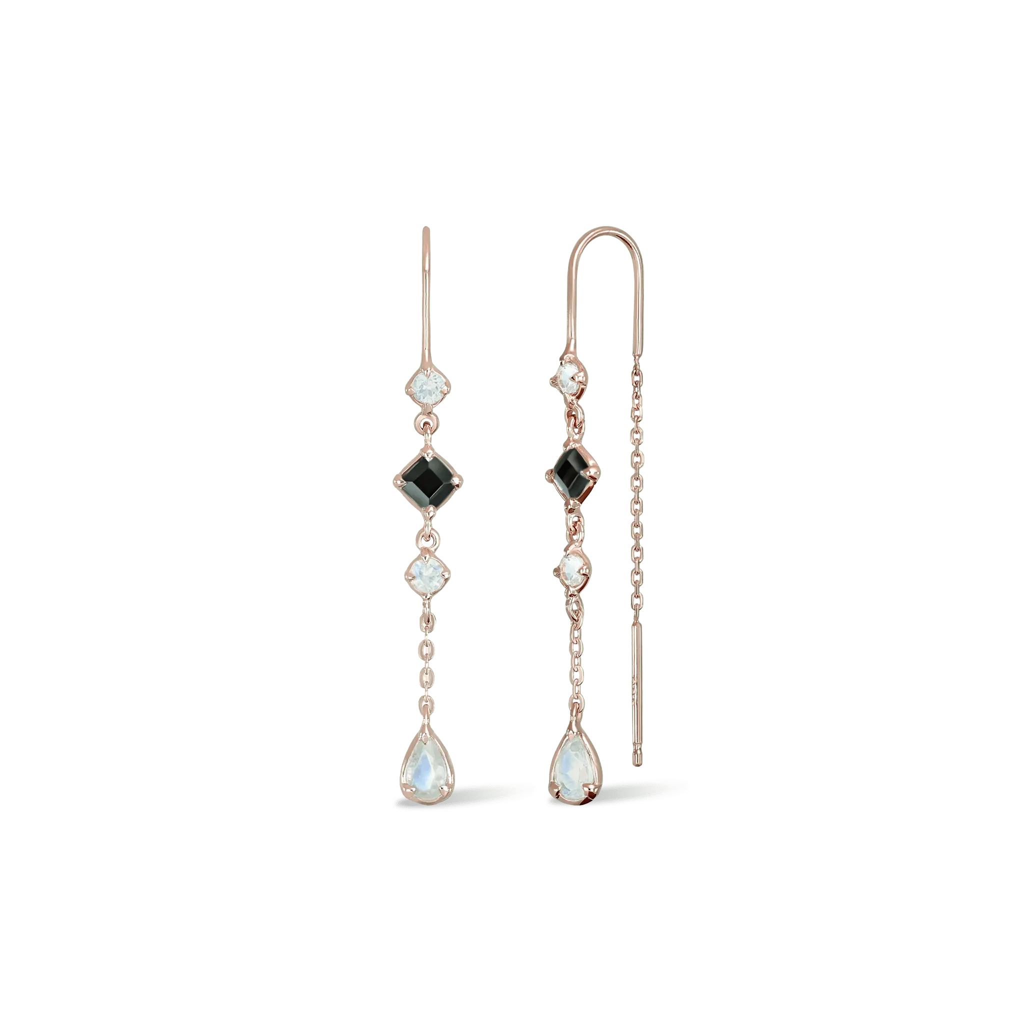 BEATTI Threaders Rose Gold / Moonstone + Black Spinel Tess • Moonstone Black Spiner Threader Earrings JFE2070_TW Tess • Moonstone Black Spiner Threader Earrings