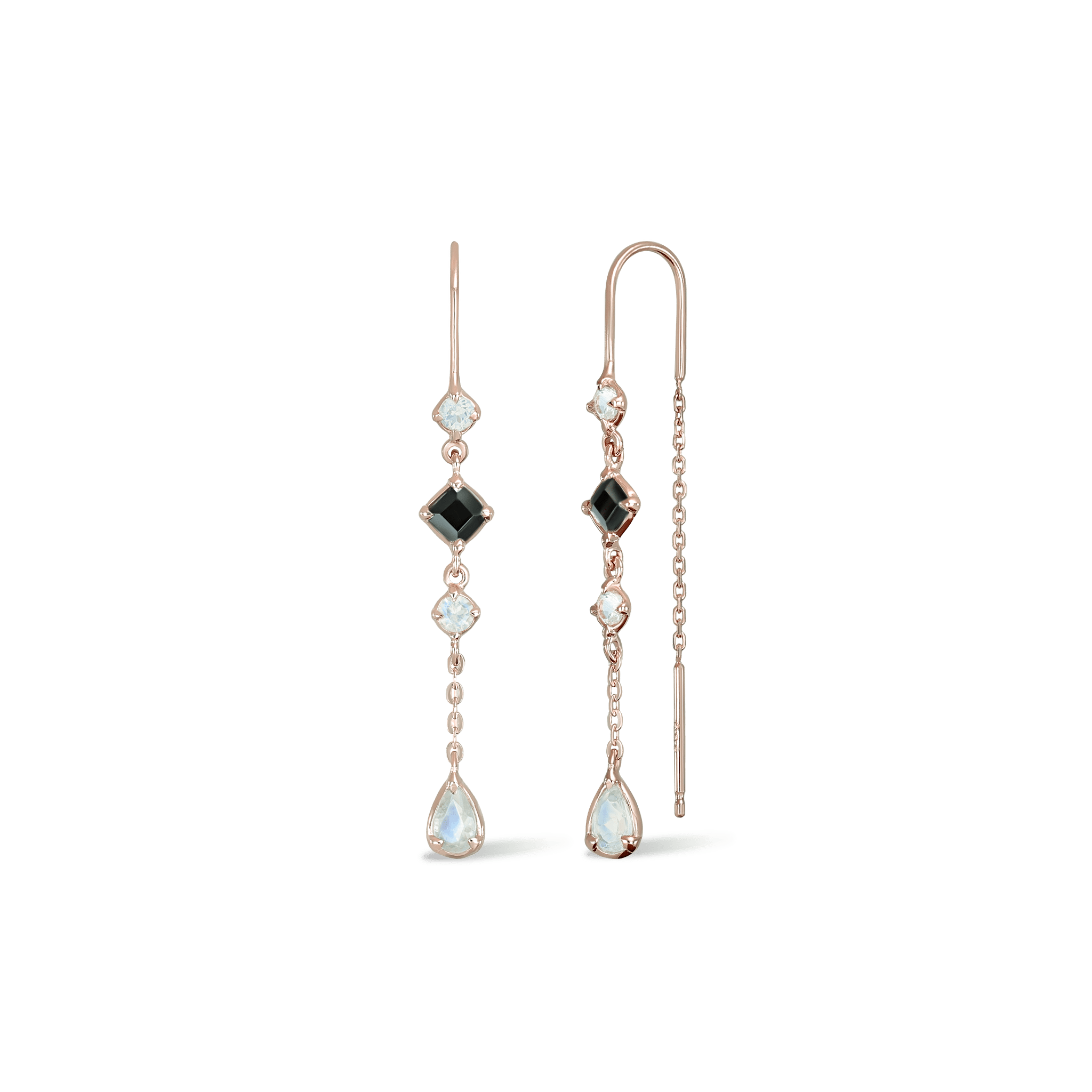 BEATTI Threaders Rose Gold / Moonstone + Black Spinel Tess • Moonstone Black Spiner Threader Earrings JFE2070_TW Tess • Moonstone Black Spiner Threader Earrings