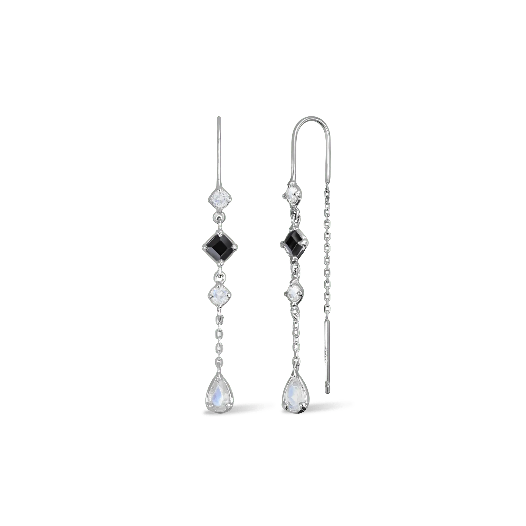 BEATTI Threaders Silver / Moonstone + Black Spinel Tess • Moonstone Black Spiner Threader Earrings JFE2070_TW Tess • Moonstone Black Spiner Threader Earrings