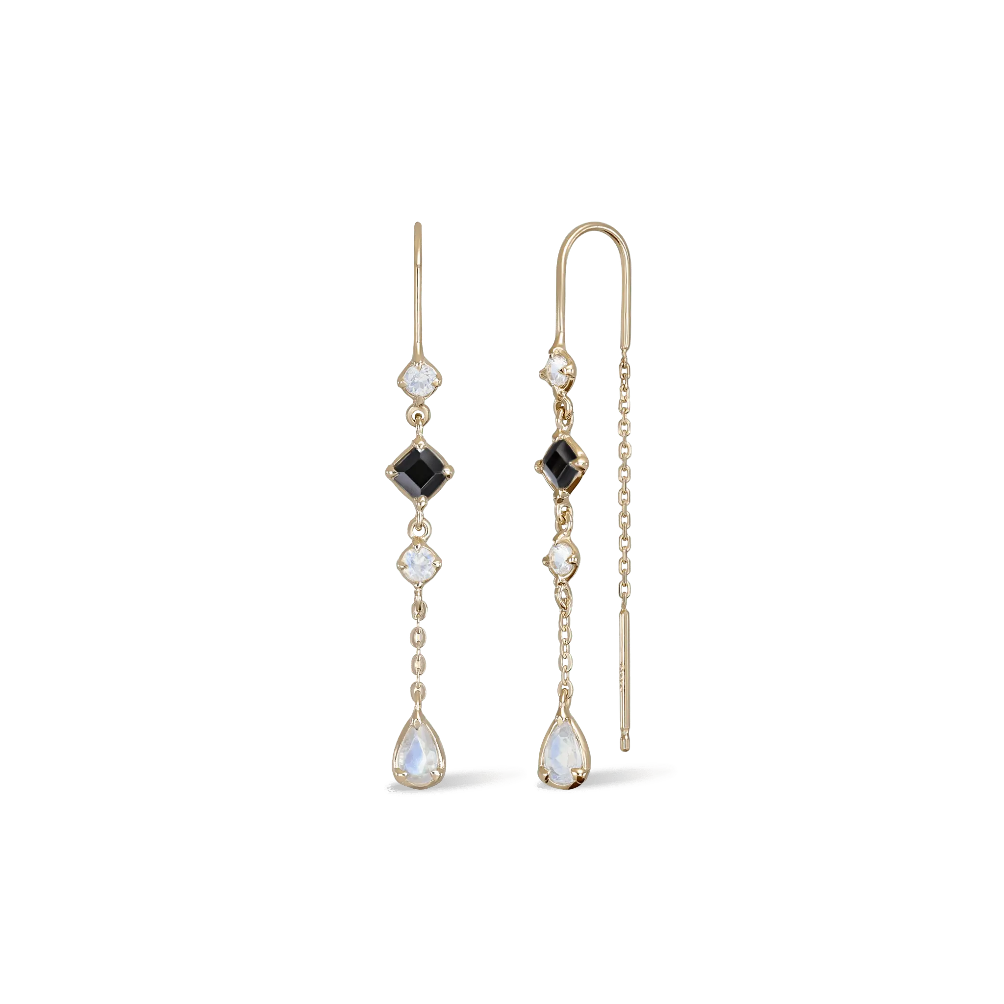 BEATTI Threaders Gold / Moonstone + Black Spinel Tess • Moonstone Black Spiner Threader Earrings JFE2070_TW Tess • Moonstone Black Spiner Threader Earrings