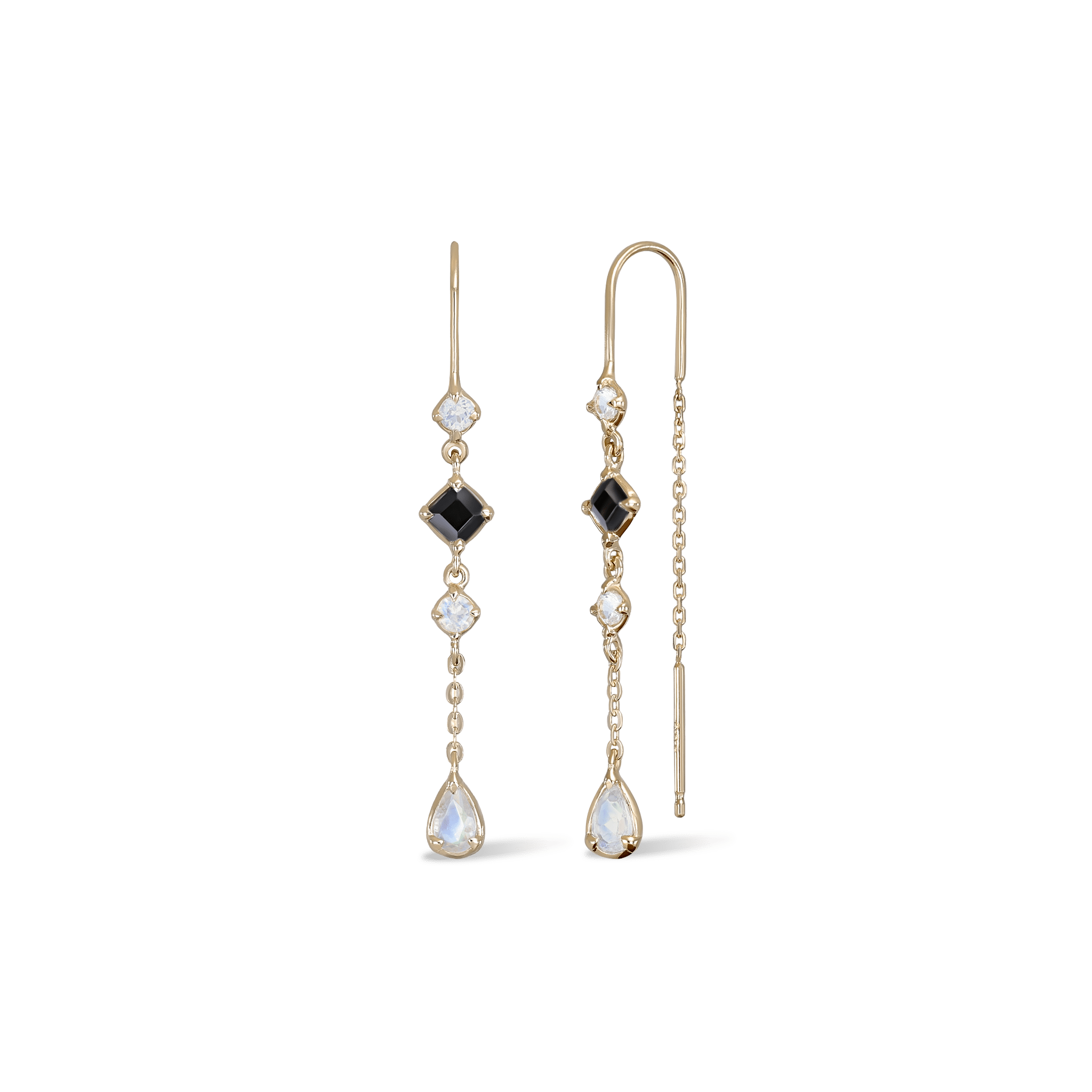 BEATTI Threaders Gold / Moonstone + Black Spinel Tess • Moonstone Black Spiner Threader Earrings JFE2070_TW Tess • Moonstone Black Spiner Threader Earrings