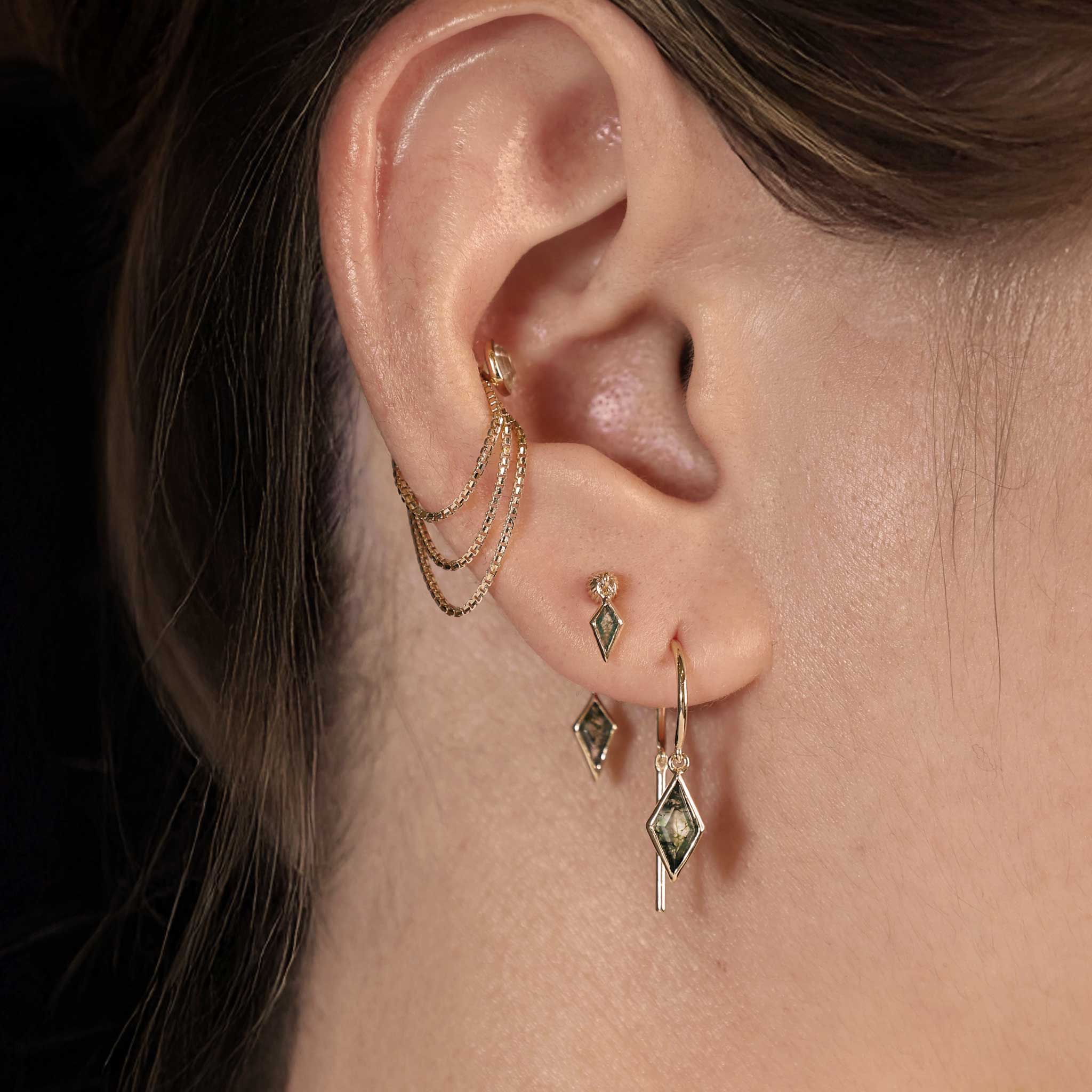 BEATTI Threaders BTE061 • Moss Agate Rhombus Gemstone Threader Hoop Earrings BTE061 • Moss Agate Rhombus Gemstone Threader Hoop Earrings