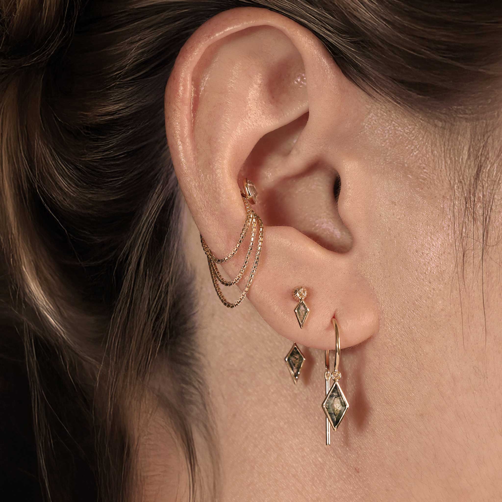 BEATTI Threaders BTE061 • Moss Agate Rhombus Gemstone Threader Hoop Earrings BTE061 • Moss Agate Rhombus Gemstone Threader Hoop Earrings