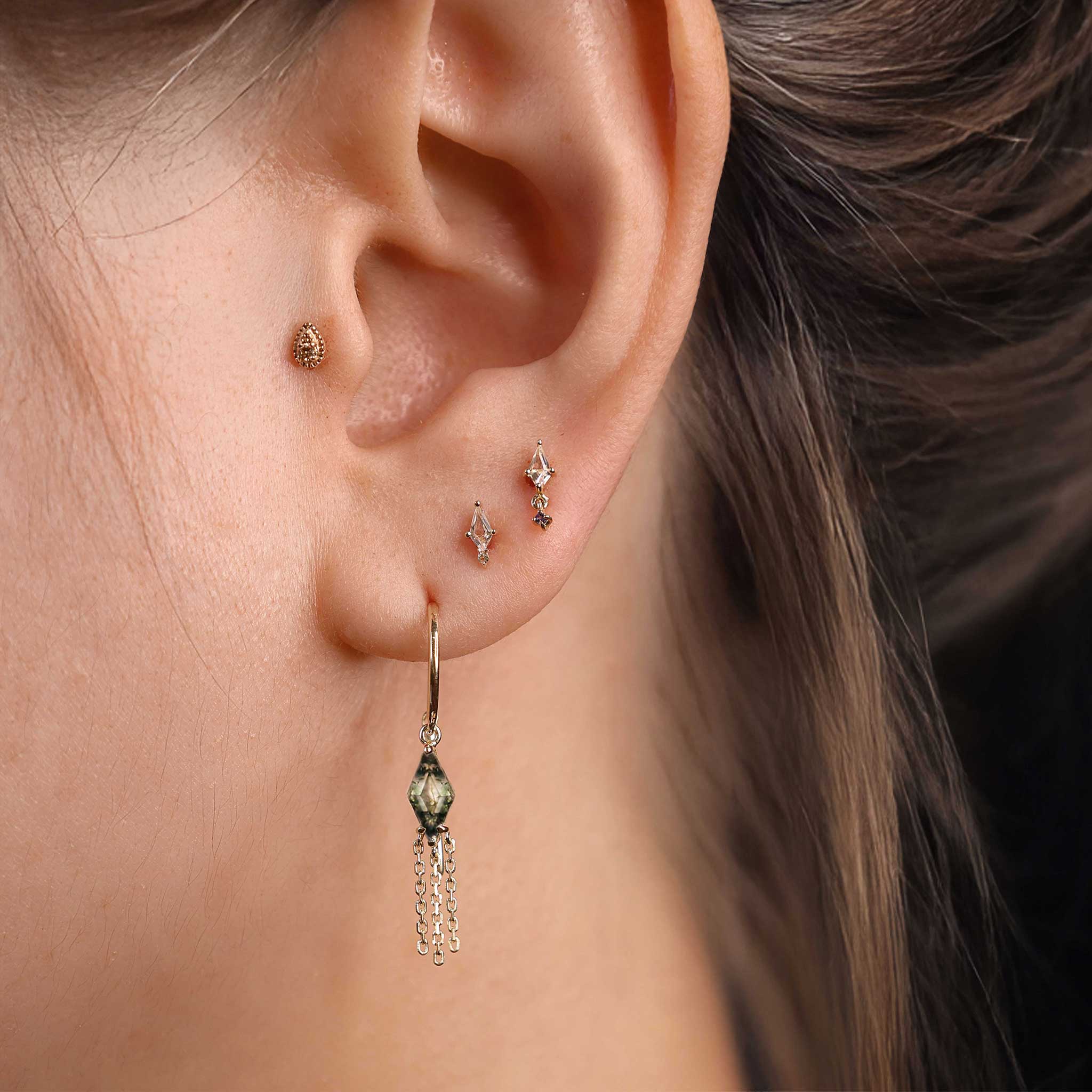 BEATTI Threaders Gold / Moss Agate BTE059 • Moss Agate Rhombus Tassel Gemstone Threader Earrings BTE059 MOSAG BTE059 • Moss Agate Rhombus Tassel Gemstone Threader Earrings