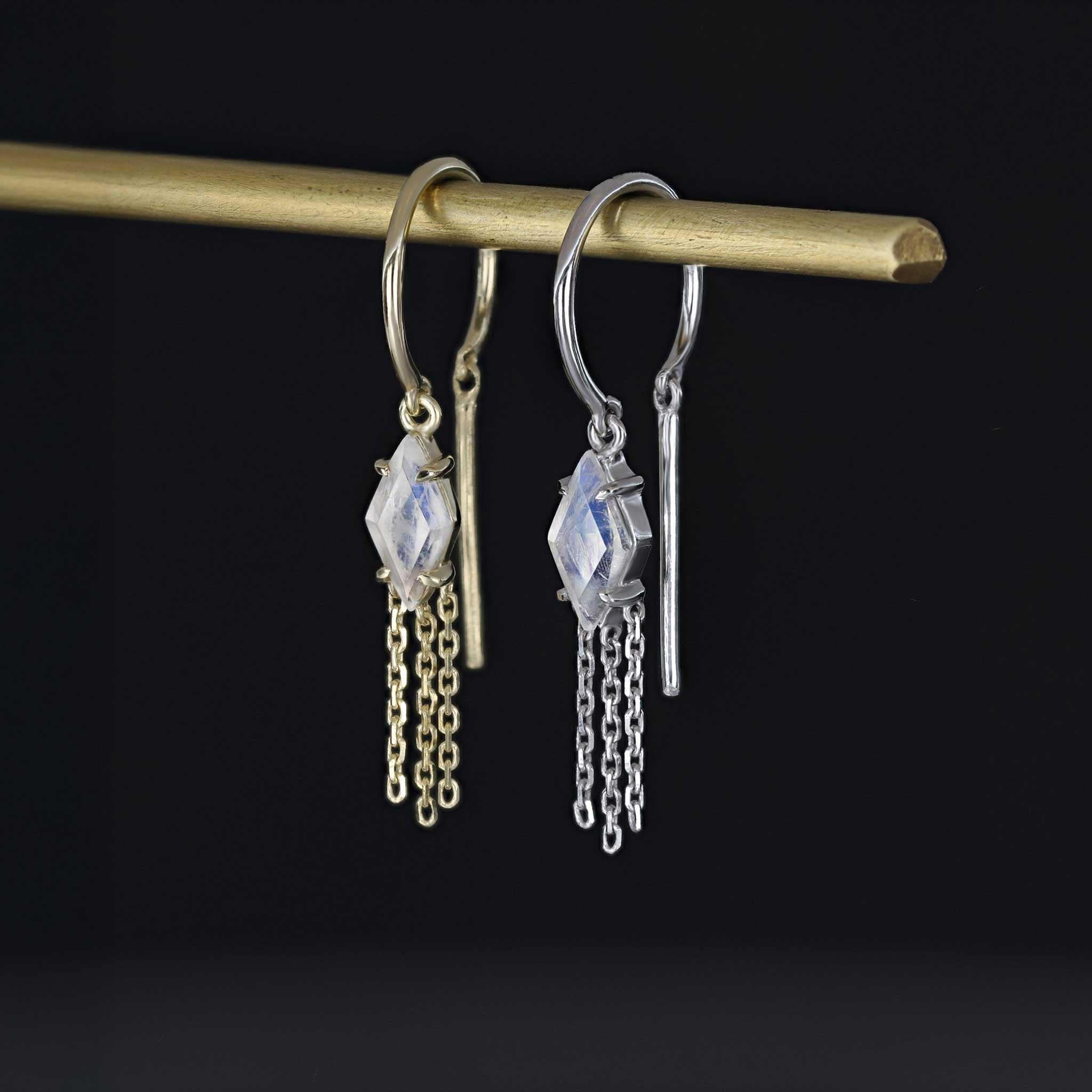 BEATTI Threaders BTE060 • Rainbow Moonstone Rhombus Tassel Gemstone Threader Earrings BTE060 • Rainbow Moonstone Rhombus Tassel Gemstone Threader Earrings